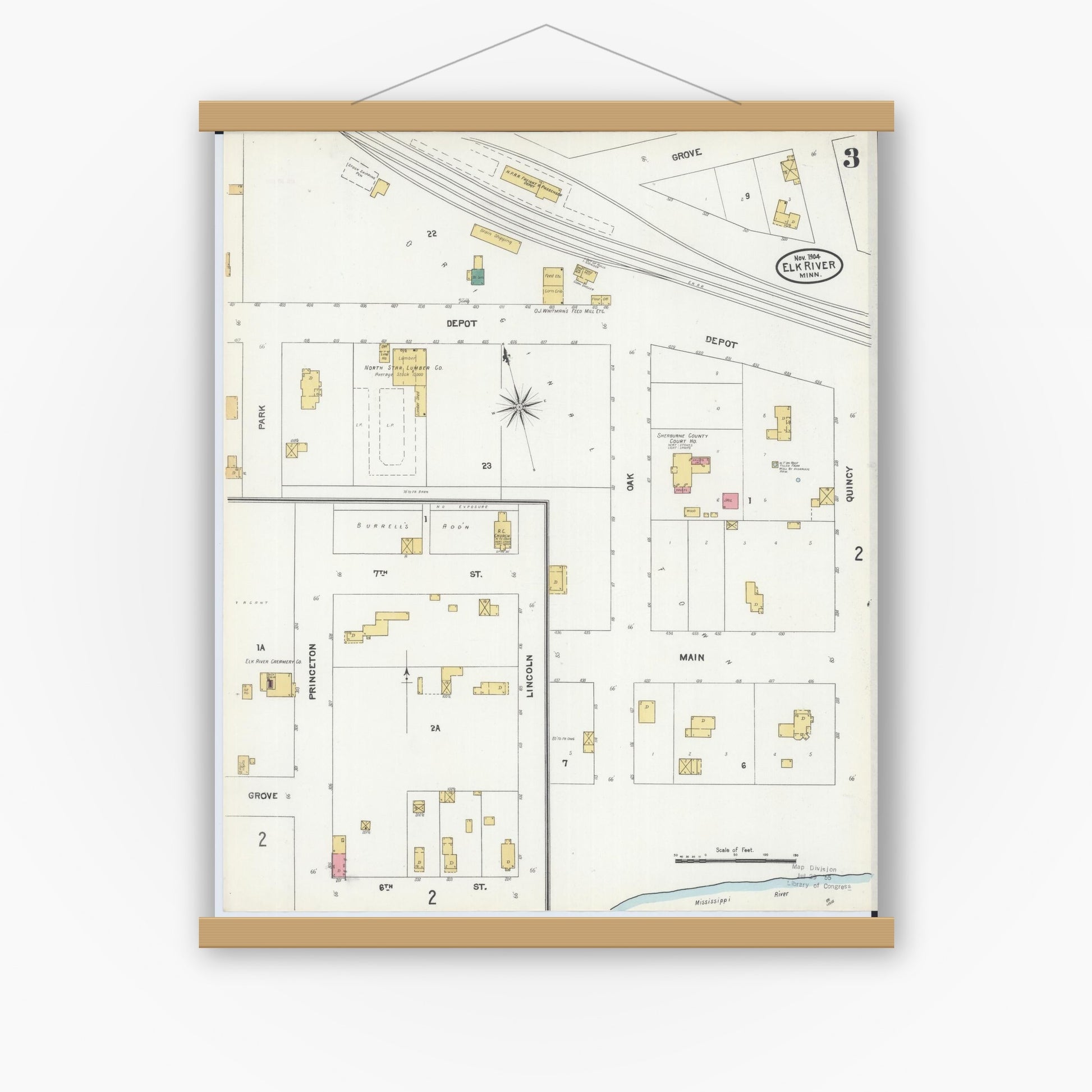 Old map wall art mockup — magnetic wood frame on white wall — Sanborn Fire Insurance Map from Elk River, Sherburne County, Minnesota (1905), Sheet #0003