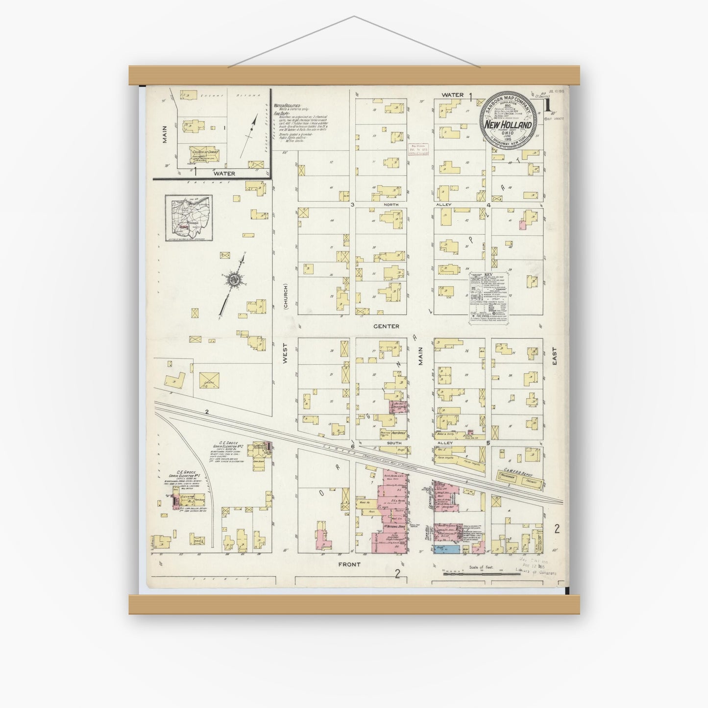 Old map wall art mockup — magnetic wood frame on white wall — Sanborn Fire Insurance Map from New Holland, Pickaway County, Ohio (1915), Sheet #0001