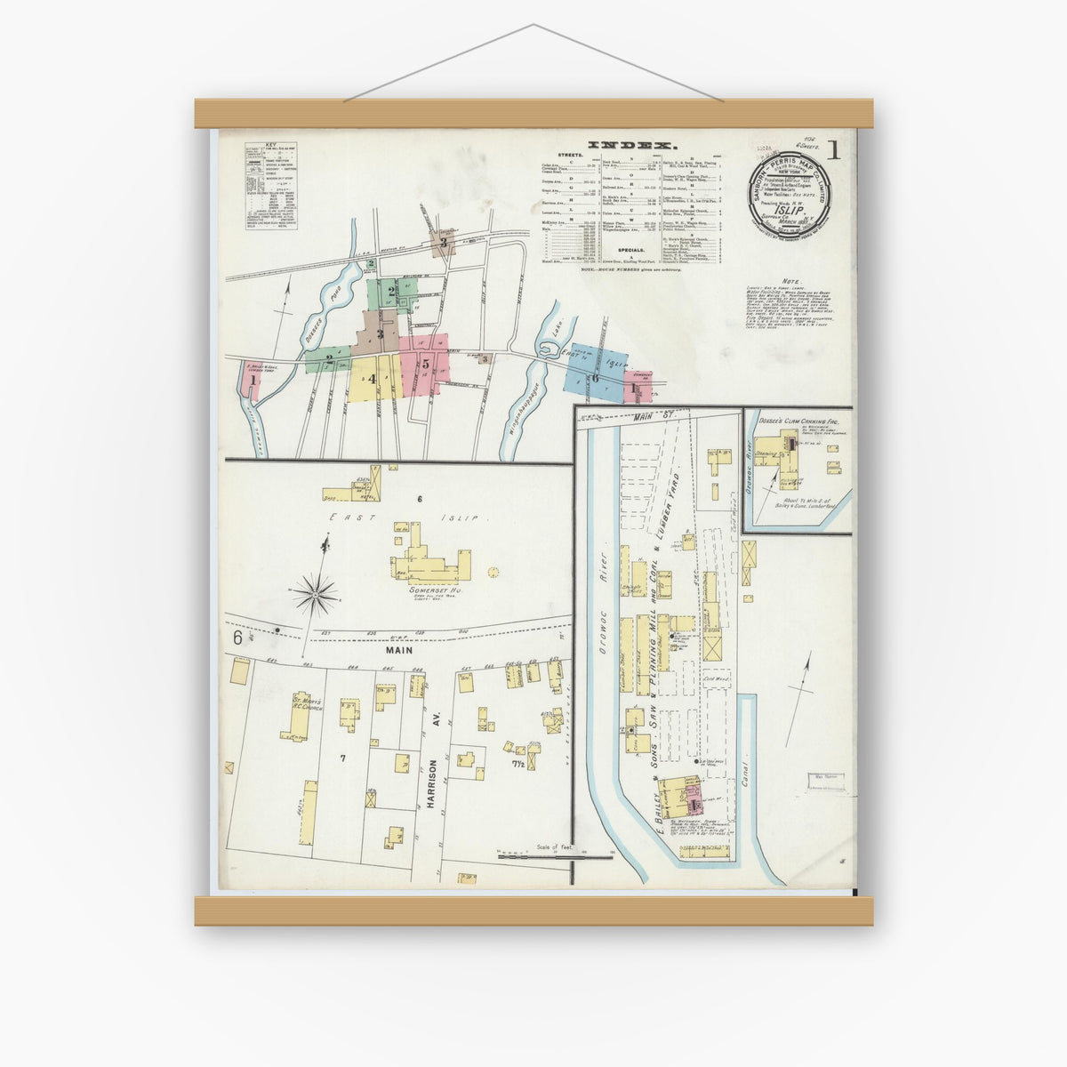 Old map wall art mockup — magnetic wood frame on white wall — Sanborn Fire Insurance Map from Islip, Suffolk County, New York (1897), Sheet #0001