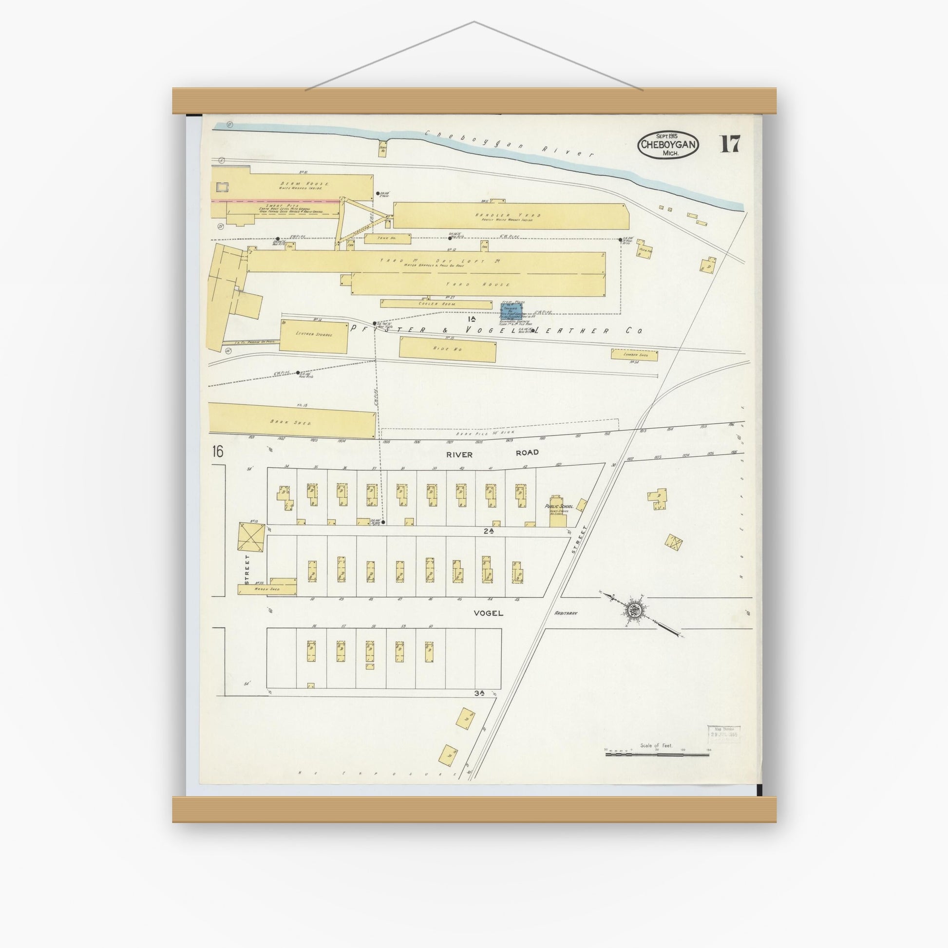 Old map wall art mockup — magnetic wood frame on white wall — Sanborn Fire Insurance Map from Cheboygan, Cheboygan County, Michigan (1915), Sheet #0017
