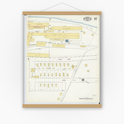 Old map wall art mockup — magnetic wood frame on white wall — Sanborn Fire Insurance Map from Cheboygan, Cheboygan County, Michigan (1915), Sheet #0017