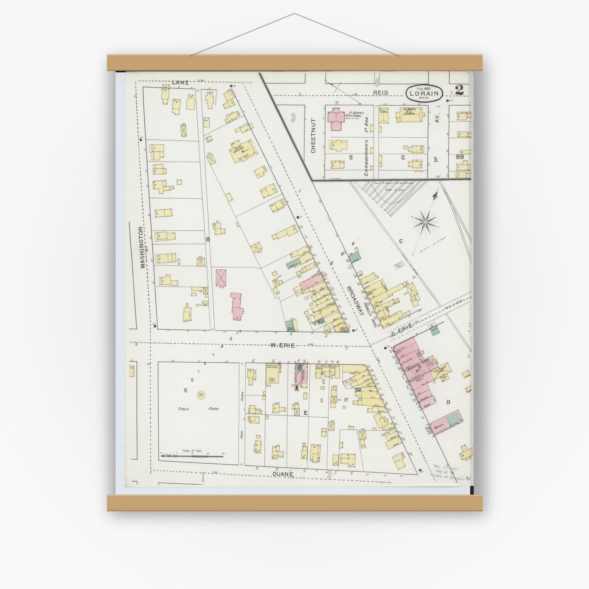 Old map wall art mockup — magnetic wood frame on white wall — Sanborn Fire Insurance Map from Lorain, Lorain County, Ohio (1893), Sheet #0002
