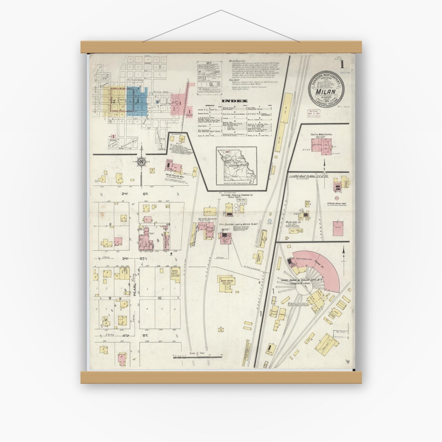 Old map wall art mockup — magnetic wood frame on white wall — Sanborn Fire Insurance Map from Milan, Sullivan County, Missouri (1914) - Complete Map Set