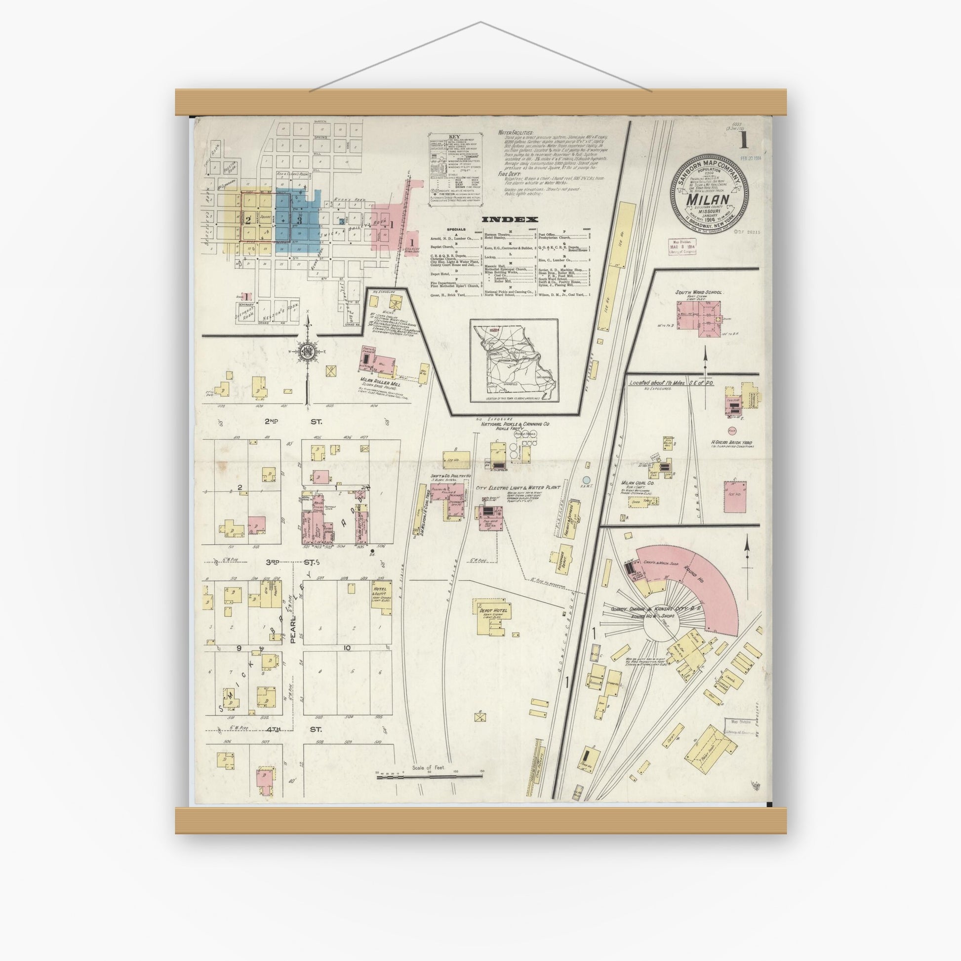 Old map wall art mockup — magnetic wood frame on white wall — Sanborn Fire Insurance Map from Milan, Sullivan County, Missouri (1914) - Complete Map Set