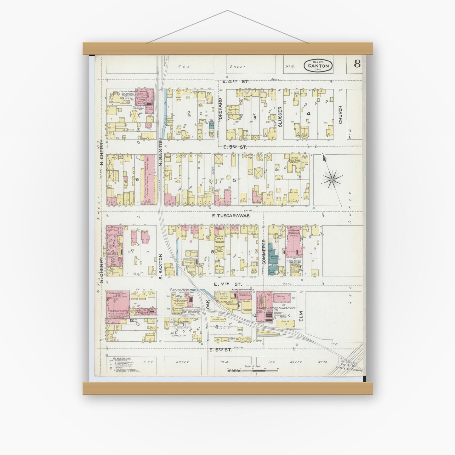 Old map wall art mockup — magnetic wood frame on white wall — Sanborn Fire Insurance Map from Canton, Stark County, Ohio (1891), Sheet #0008