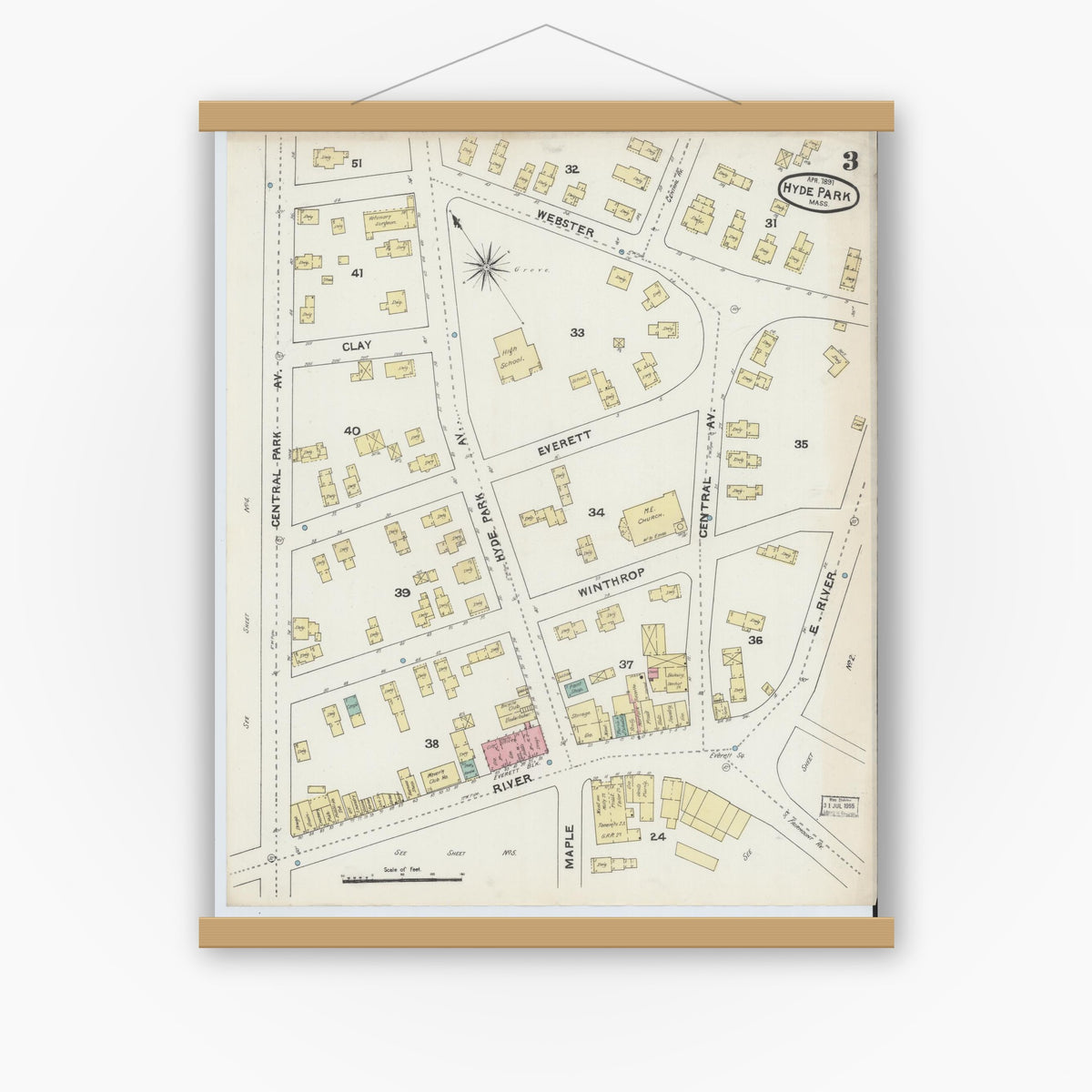Old map wall art mockup — magnetic wood frame on white wall — Sanborn Fire Insurance Map from Hyde Park, Norfolk County, Massachusetts (1891), Sheet #0003