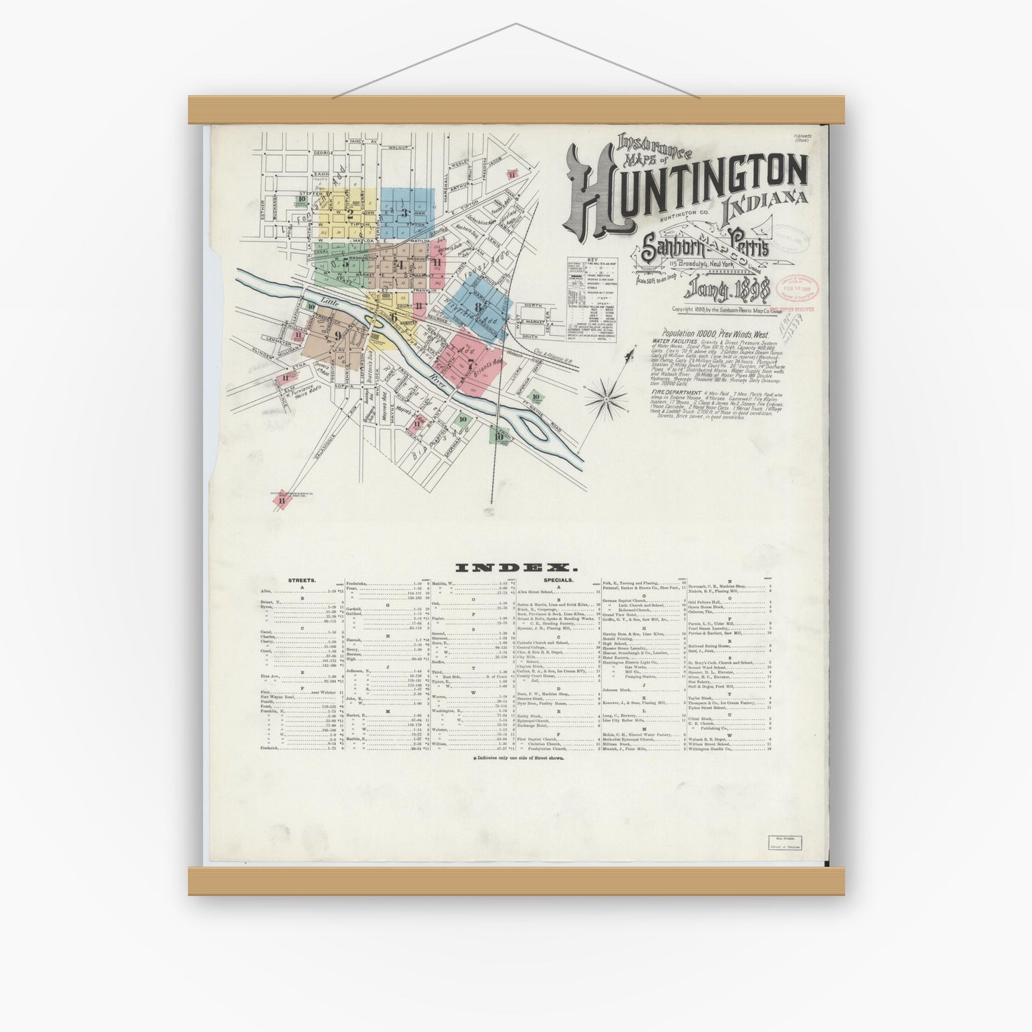 Old map wall art mockup — magnetic wood frame on white wall — Sanborn Fire Insurance Map from Huntington, Huntington County, Indiana (1898), Sheet #0001