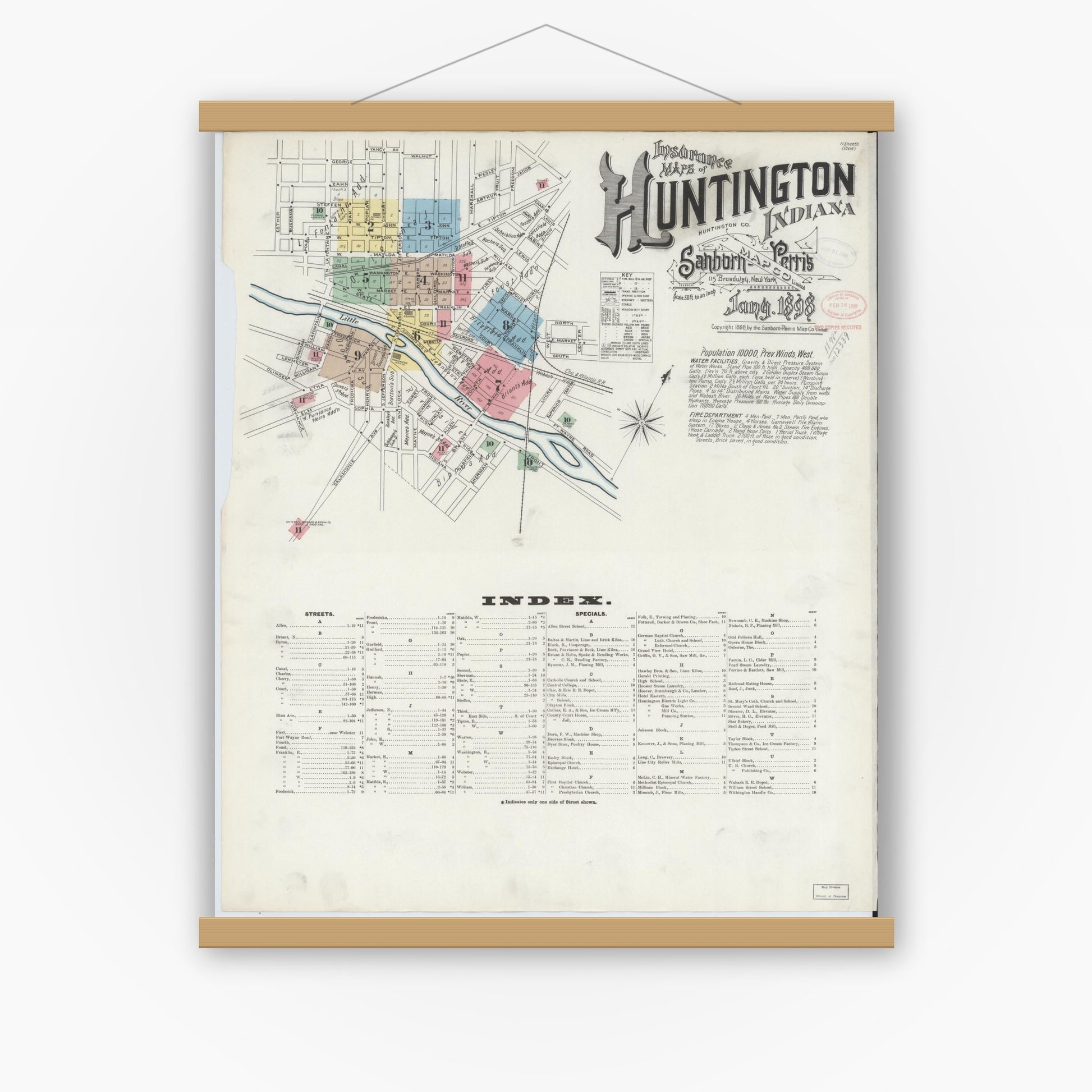 Old map wall art mockup — magnetic wood frame on white wall — Sanborn Fire Insurance Map from Huntington, Huntington County, Indiana (1898), Sheet #0001