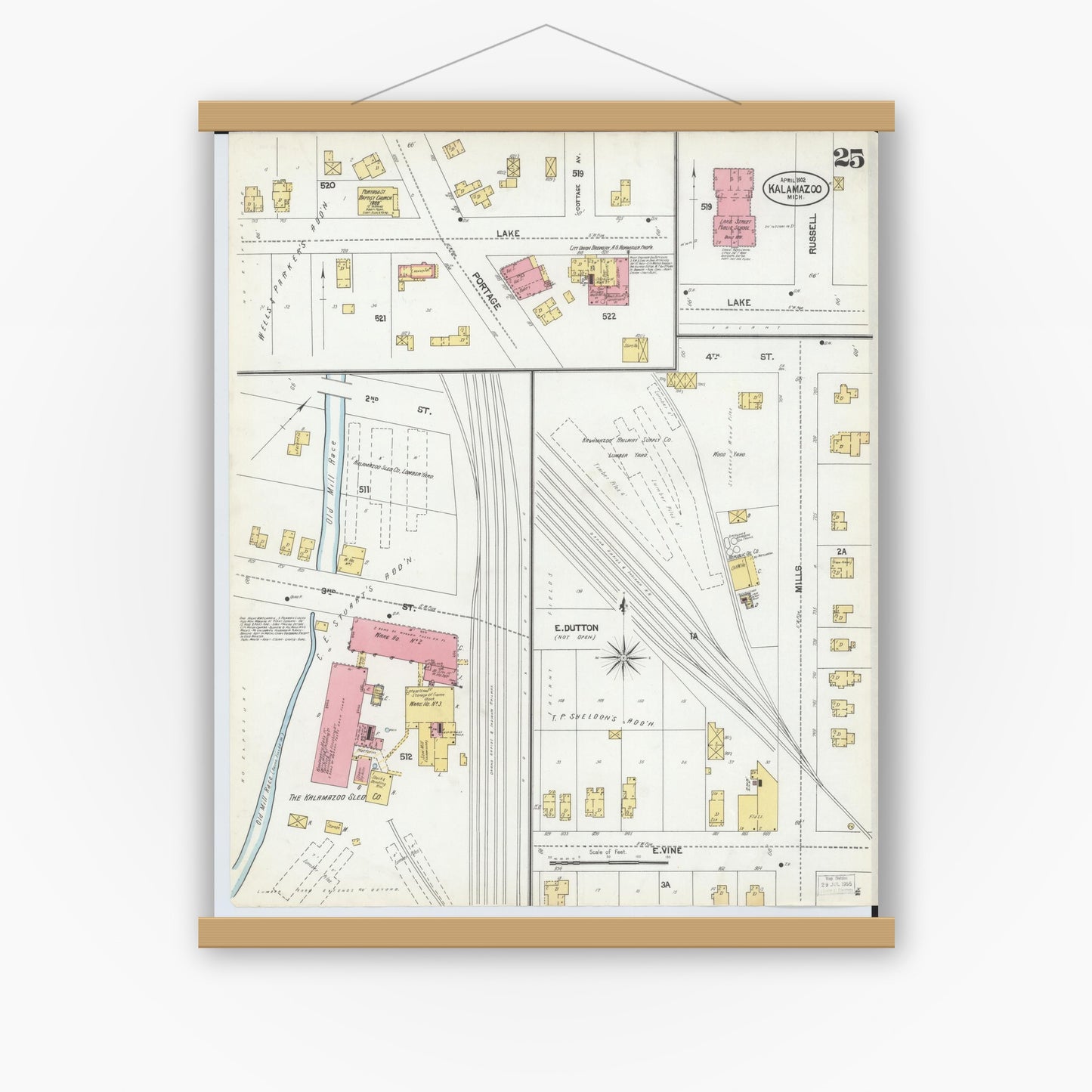 Old map wall art mockup — magnetic wood frame on white wall — Sanborn Fire Insurance Map from Kalamazoo, Kalamazoo County, Michigan (1902), Sheet #0025
