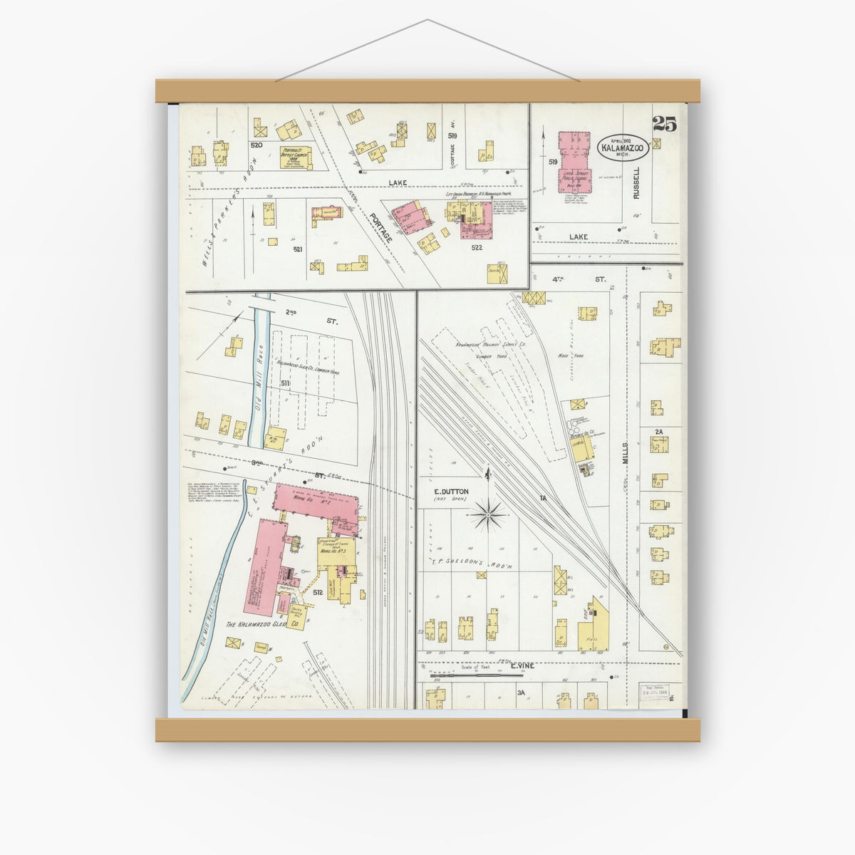 Old map wall art mockup — magnetic wood frame on white wall — Sanborn Fire Insurance Map from Kalamazoo, Kalamazoo County, Michigan (1902), Sheet #0025