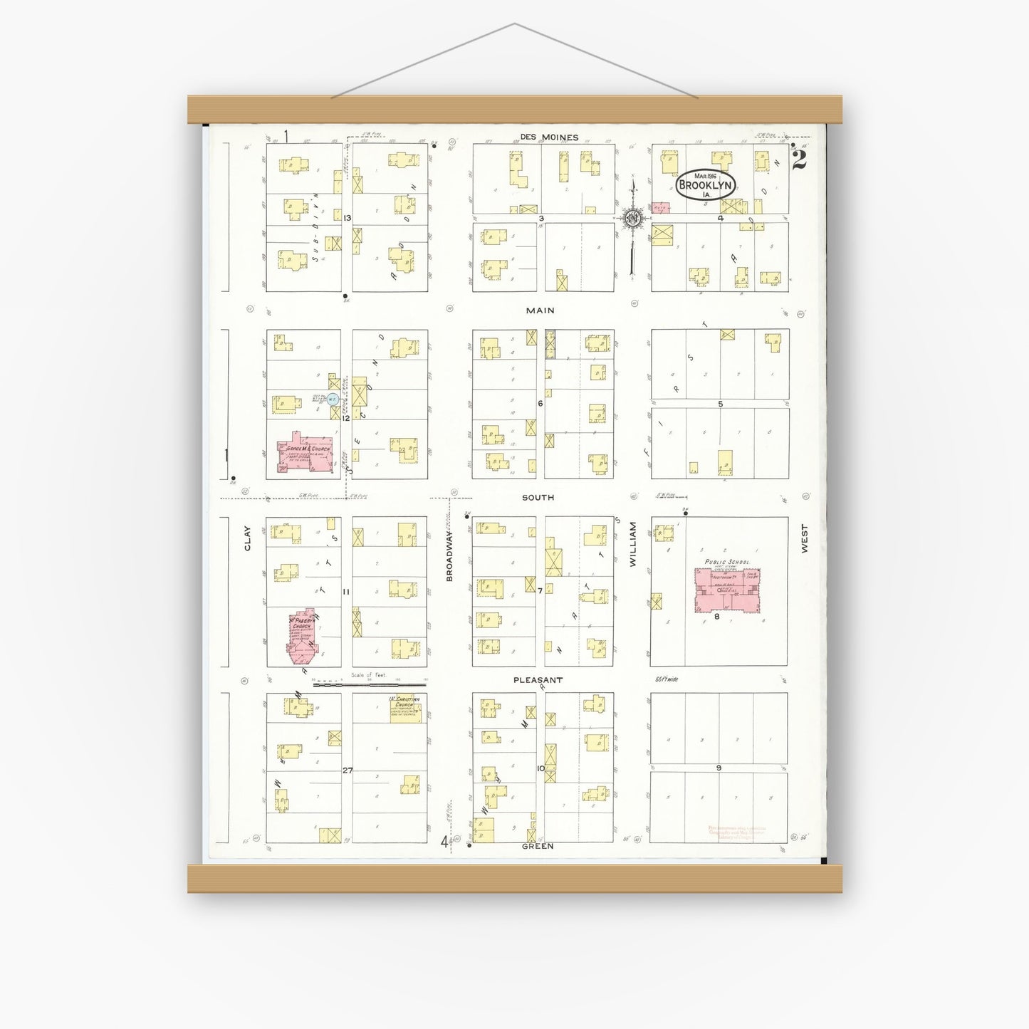 Old map wall art mockup — magnetic wood frame on white wall — Sanborn Fire Insurance Map from Brooklyn, Poweshiek County, Iowa (1916), Sheet #0002