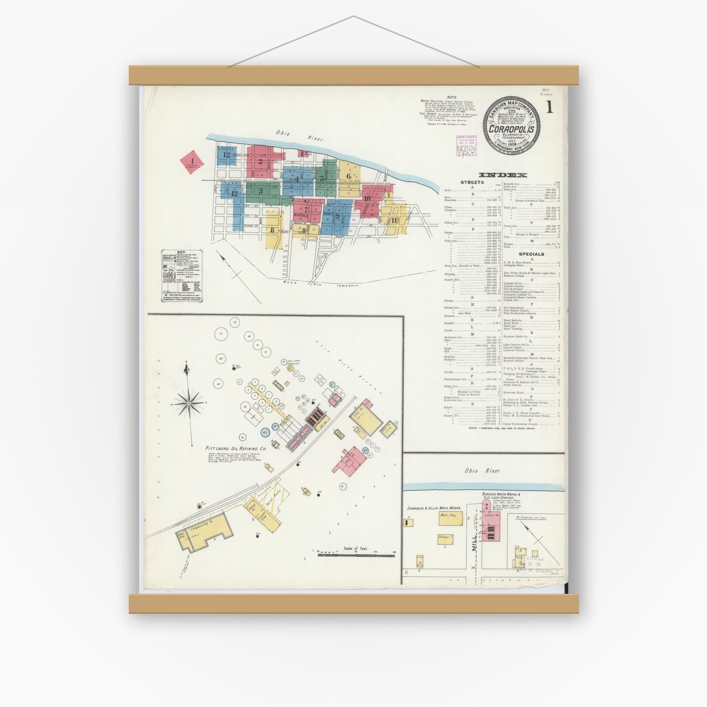 Old map wall art mockup — magnetic wood frame on white wall — Sanborn Fire Insurance Map from Coraopolis, Allegheny County, Pennsylvania (1906) - Complete Map Set