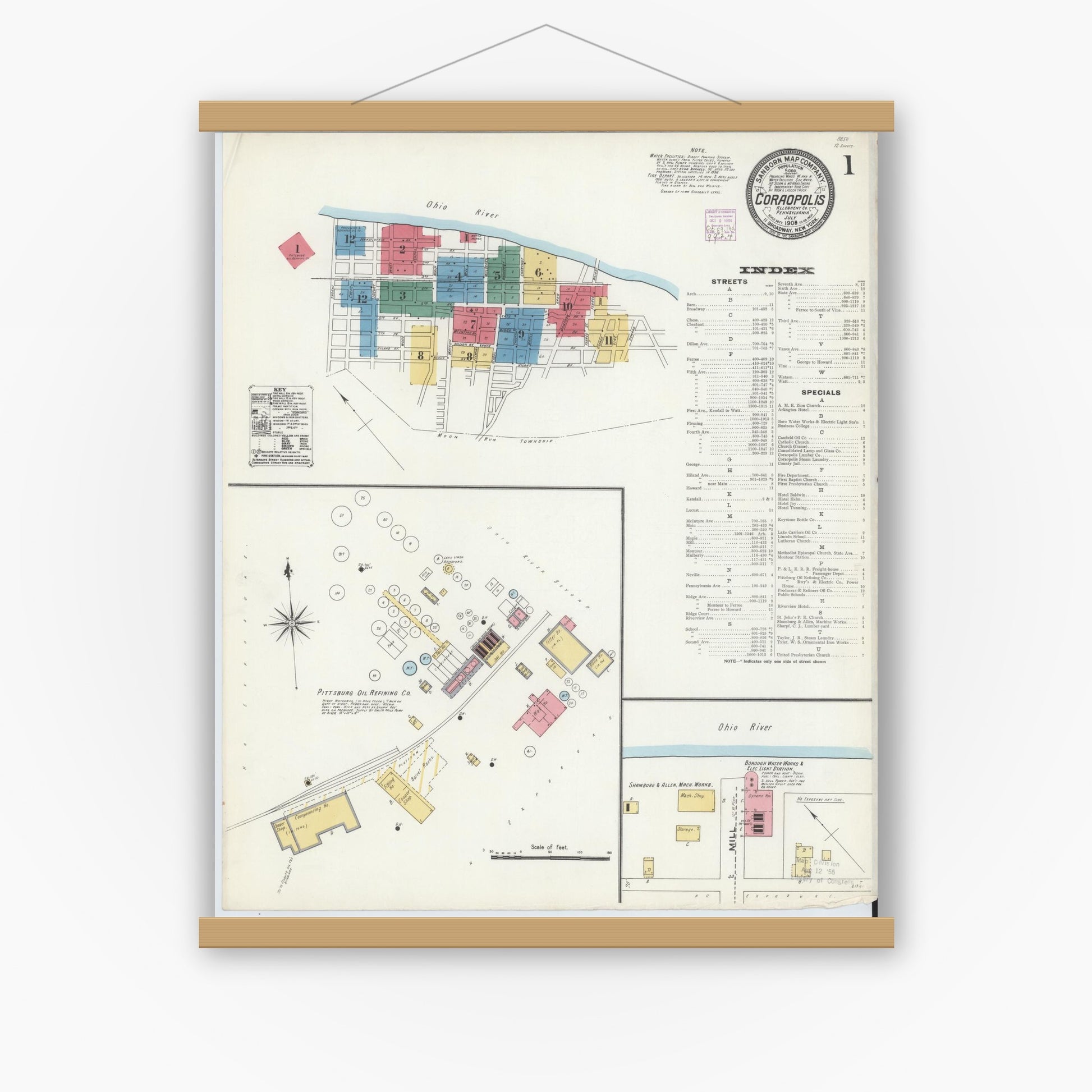 Old map wall art mockup — magnetic wood frame on white wall — Sanborn Fire Insurance Map from Coraopolis, Allegheny County, Pennsylvania (1906) - Complete Map Set