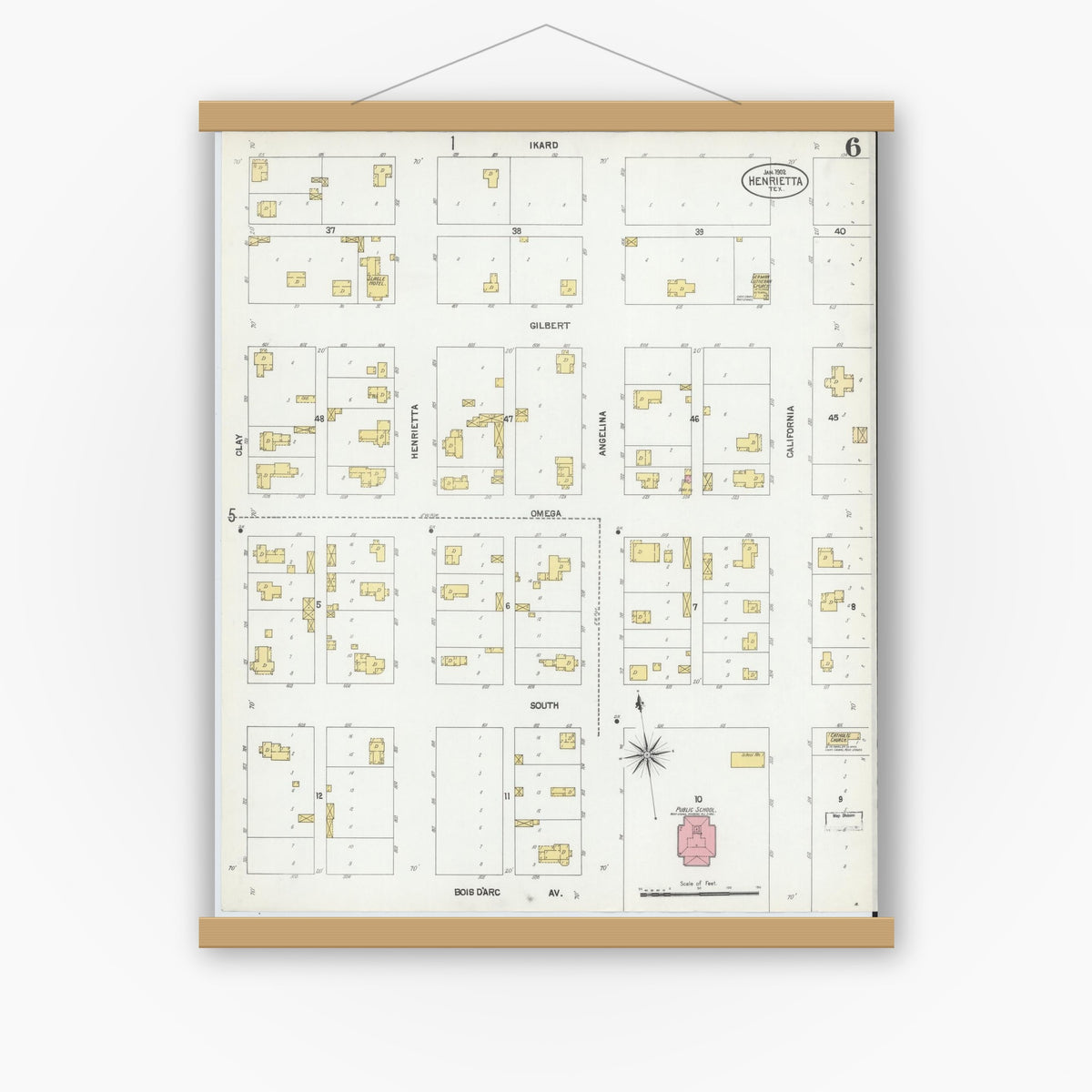 Old map wall art mockup — magnetic wood frame on white wall — Sanborn Fire Insurance Map from Henrietta, Clay County, Texas (1902), Sheet #0006