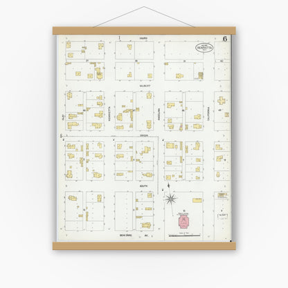 Old map wall art mockup — magnetic wood frame on white wall — Sanborn Fire Insurance Map from Henrietta, Clay County, Texas (1902), Sheet #0006