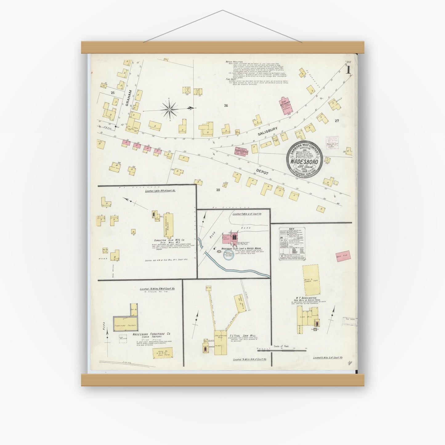 Old map wall art mockup — magnetic wood frame on white wall — Sanborn Fire Insurance Map from Wadesboro, Anson County, North Carolina (1908) - Complete Map Set