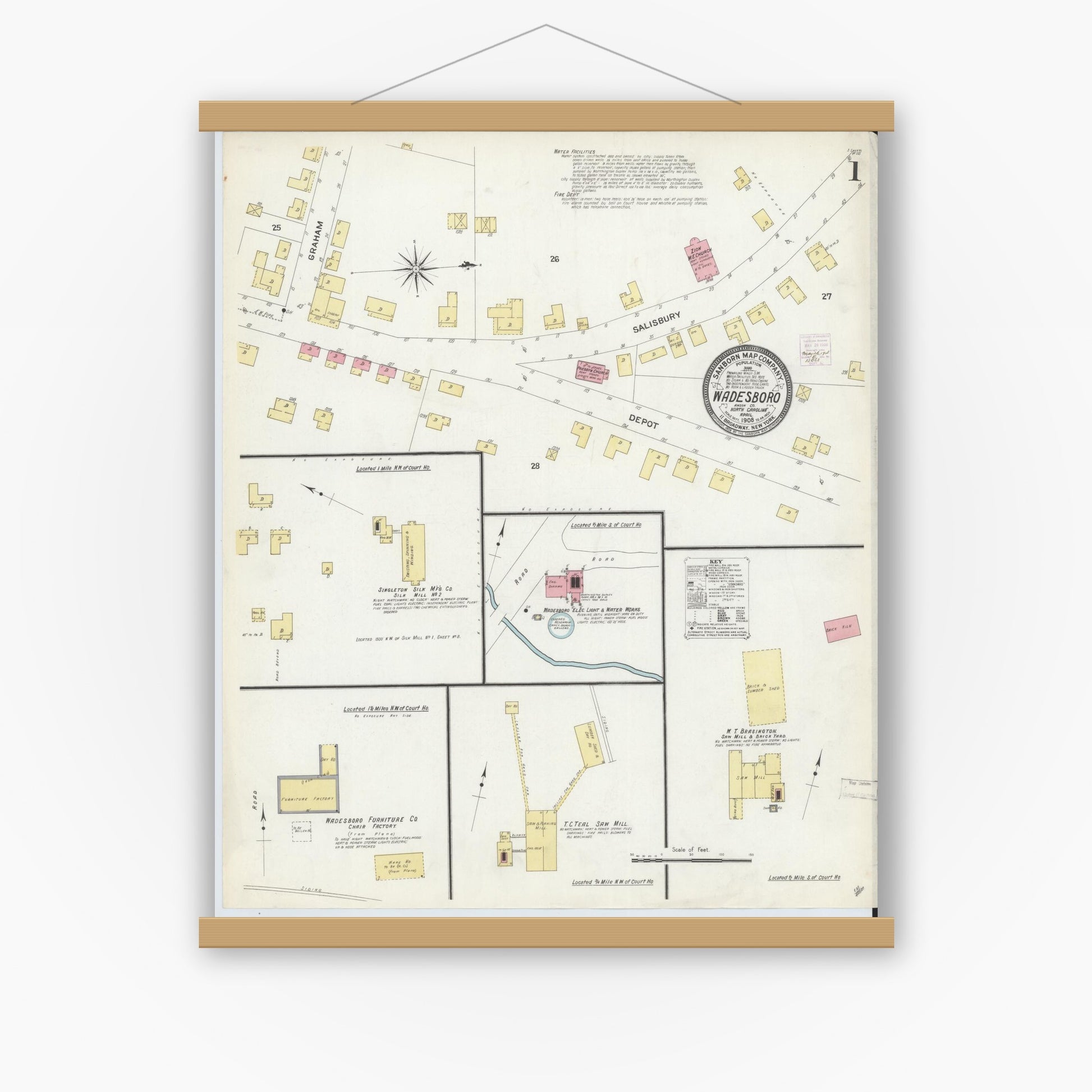 Old map wall art mockup — magnetic wood frame on white wall — Sanborn Fire Insurance Map from Wadesboro, Anson County, North Carolina (1908) - Complete Map Set