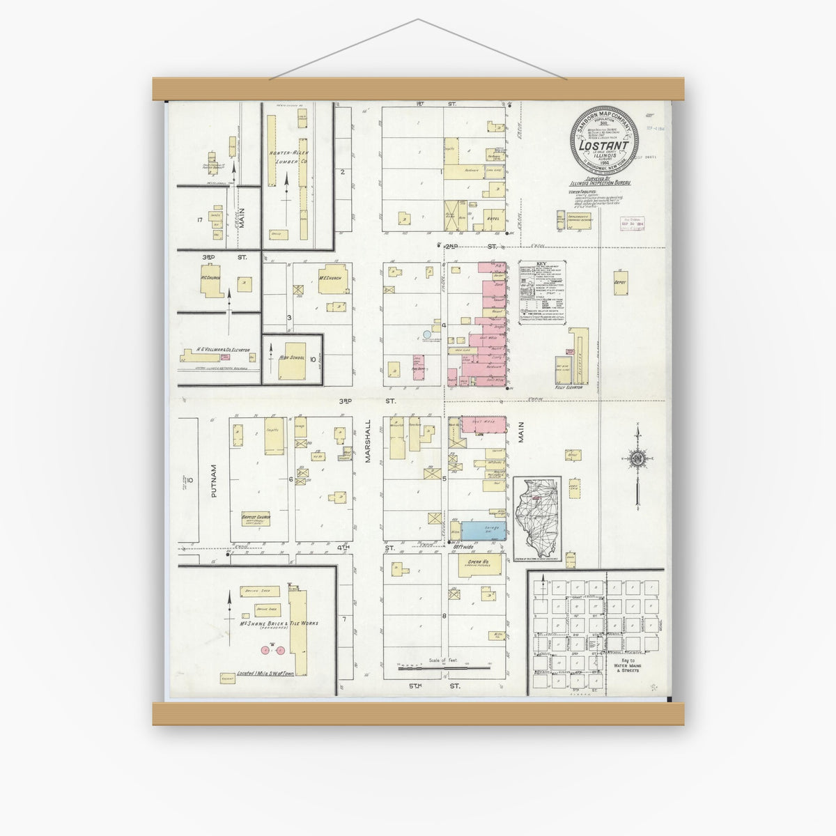 Old map wall art mockup — magnetic wood frame on white wall — Sanborn Fire Insurance Map from Lostant, La Salle County, Illinois (1914), Sheet #0001