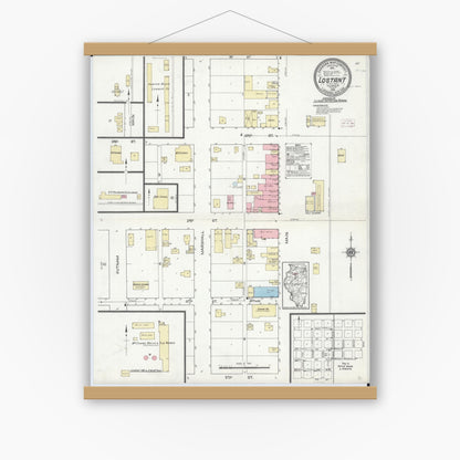 Old map wall art mockup — magnetic wood frame on white wall — Sanborn Fire Insurance Map from Lostant, La Salle County, Illinois (1914), Sheet #0001