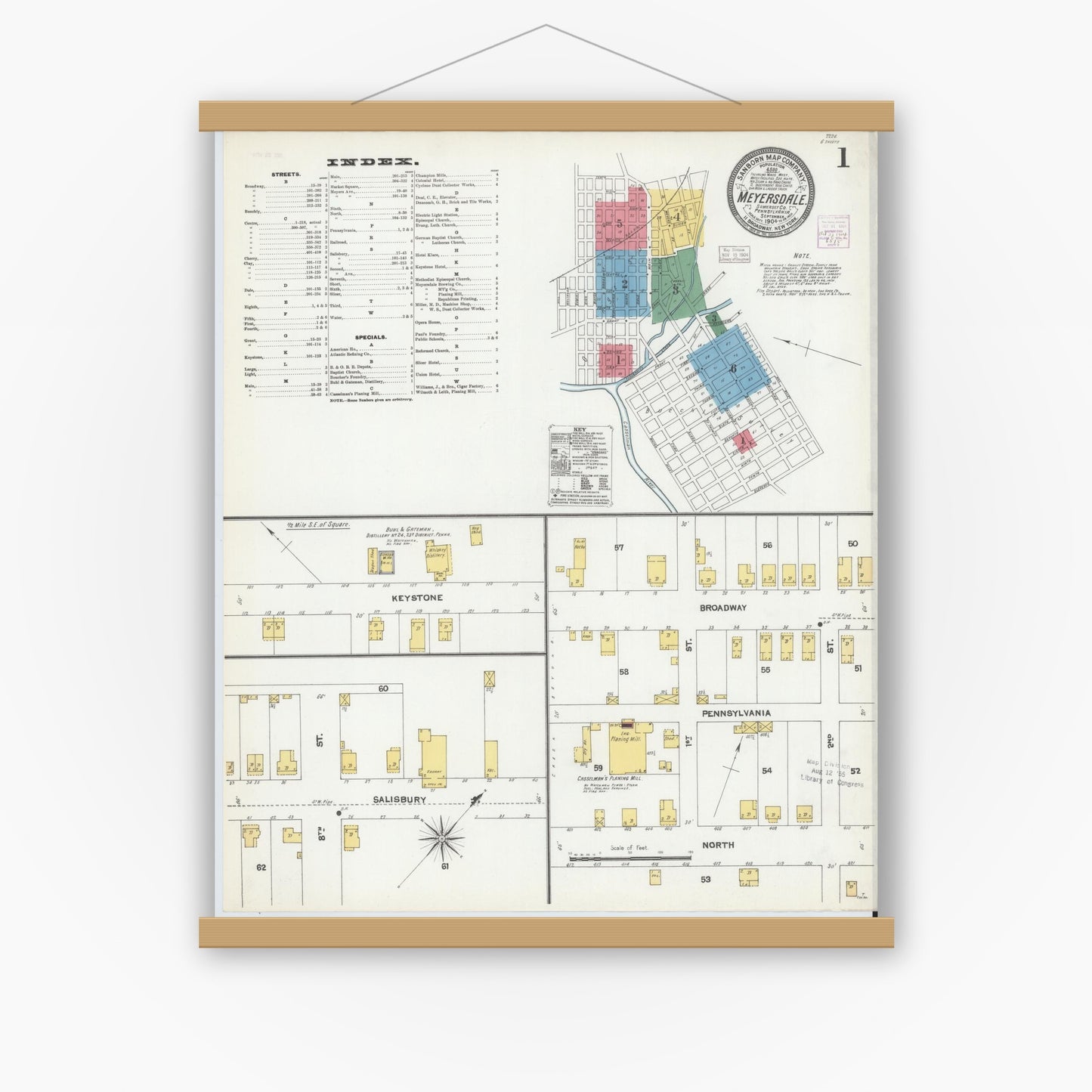 Old map wall art mockup — magnetic wood frame on white wall — Sanborn Fire Insurance Map from Meyersdale, Somerset County, Pennsylvania (1904) - Complete Map Set