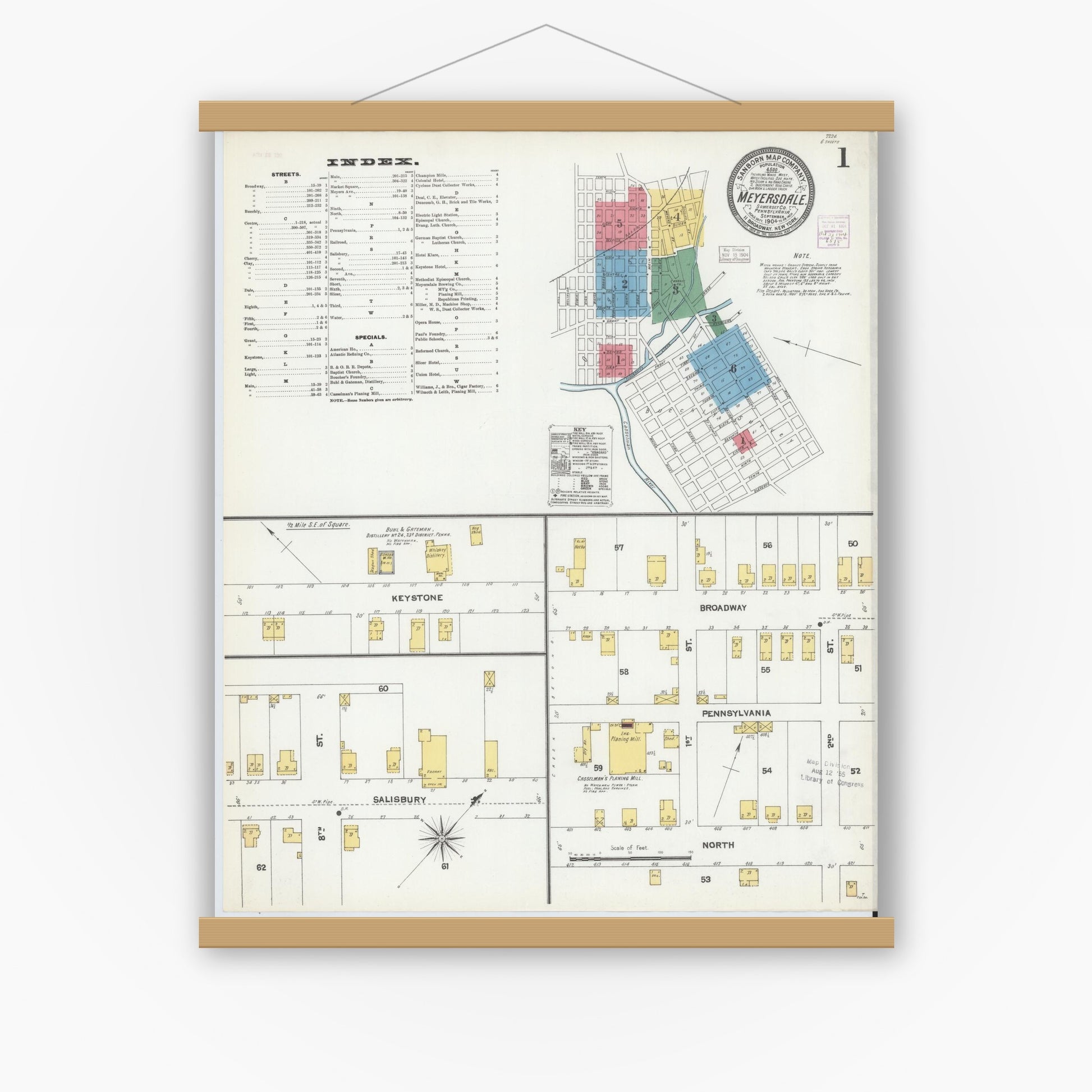 Old map wall art mockup — magnetic wood frame on white wall — Sanborn Fire Insurance Map from Meyersdale, Somerset County, Pennsylvania (1904) - Complete Map Set