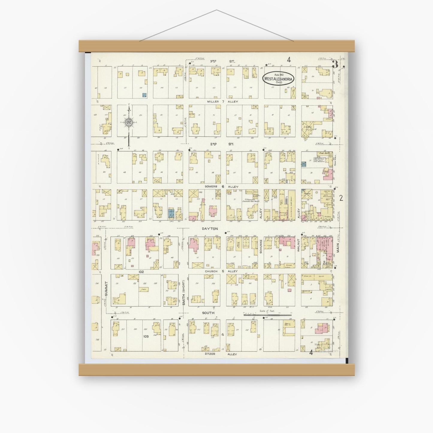 Old map wall art mockup — magnetic wood frame on white wall — Sanborn Fire Insurance Map from West Alexandria, Preble County, Ohio (1912), Sheet #0003