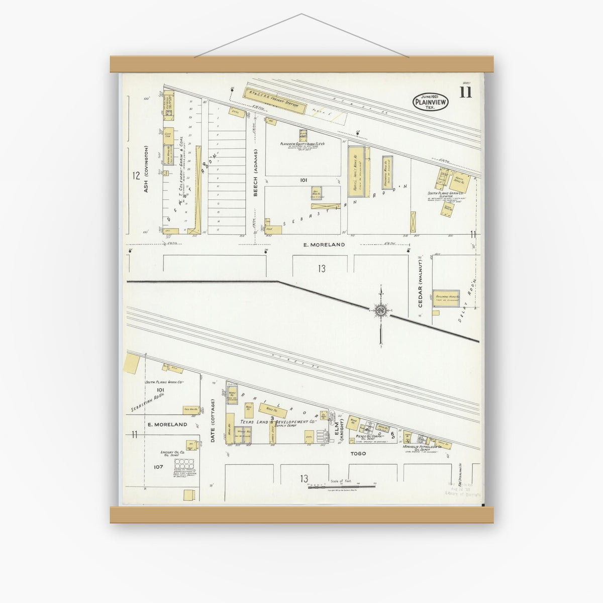 Old map wall art mockup — magnetic wood frame on white wall — Sanborn Fire Insurance Map from Plainview, Hale County, Texas (1921), Sheet #0011