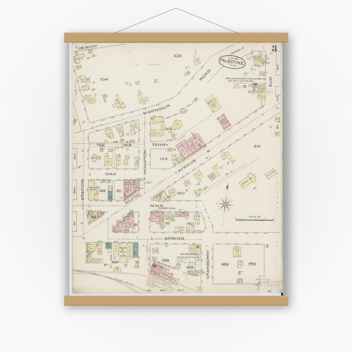 Old map wall art mockup — magnetic wood frame on white wall — Sanborn Fire Insurance Map from Palestine, Anderson County, Texas (1885), Sheet #0003