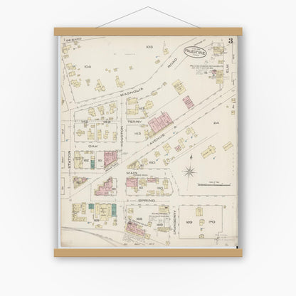 Old map wall art mockup — magnetic wood frame on white wall — Sanborn Fire Insurance Map from Palestine, Anderson County, Texas (1885), Sheet #0003