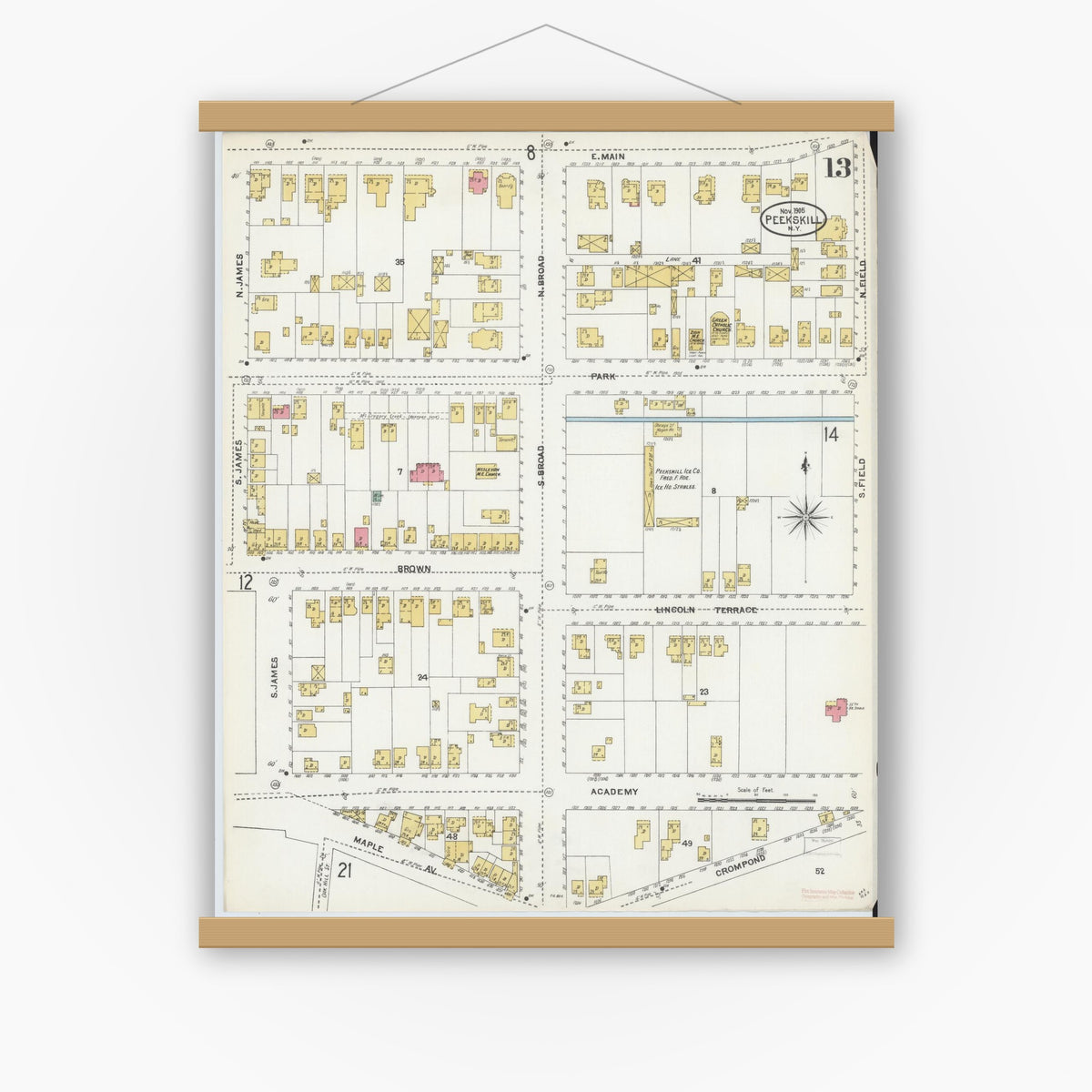 Old map wall art mockup — magnetic wood frame on white wall — Sanborn Fire Insurance Map from Peekskill, Westchester County, New York (1905), Sheet #0013