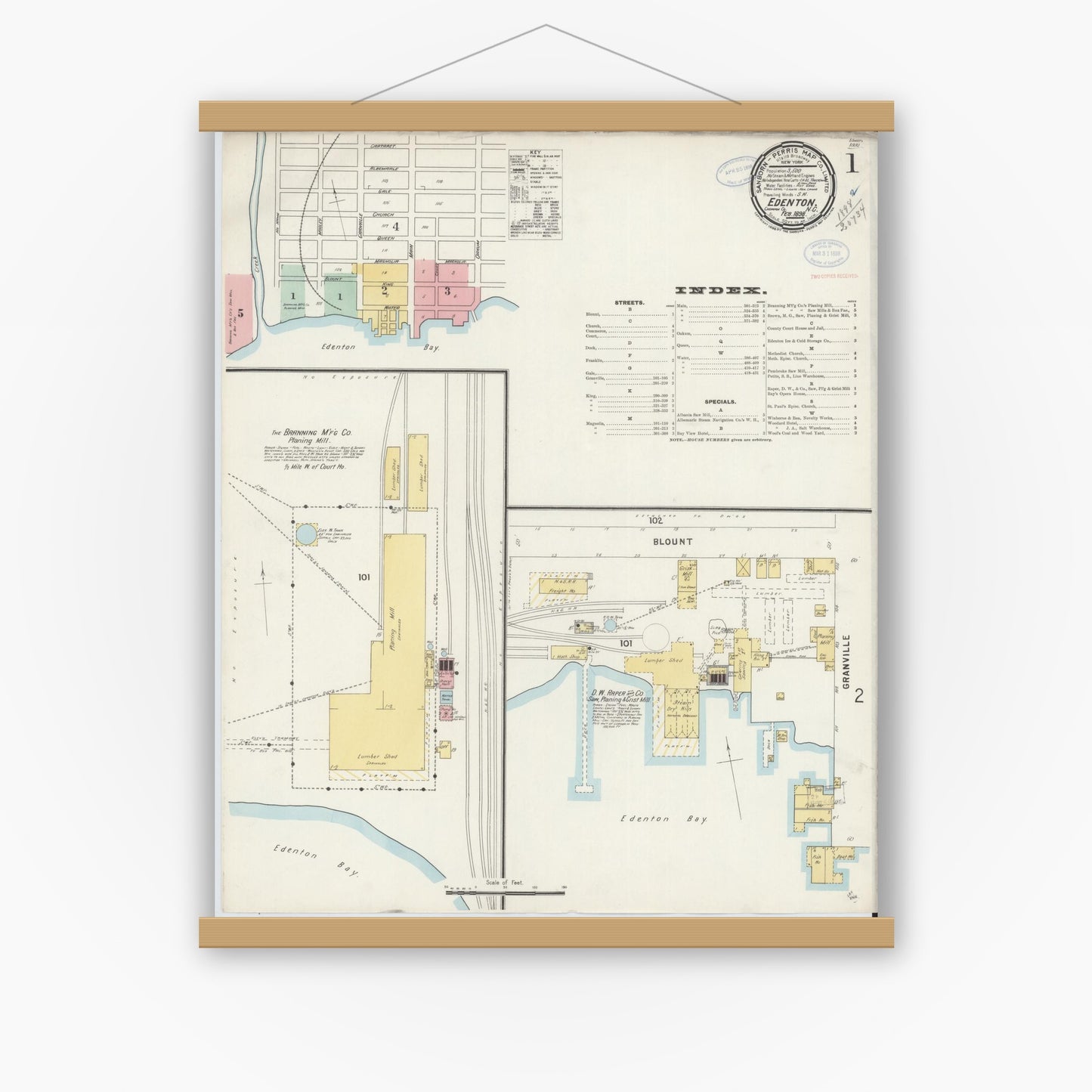 Old map wall art mockup — magnetic wood frame on white wall — Sanborn Fire Insurance Map from Edenton, Chowan County, North Carolina (1898), Sheet #0001