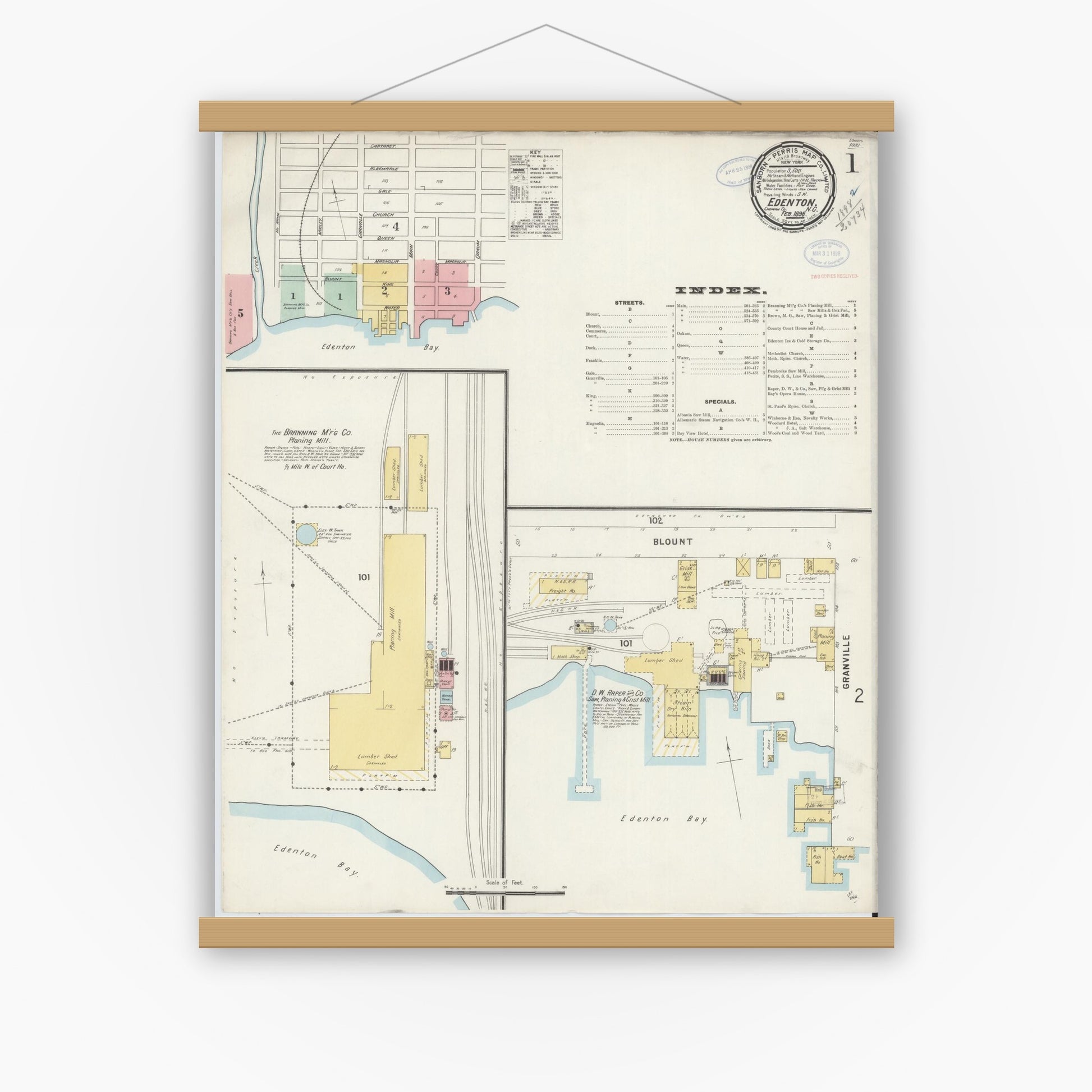 Old map wall art mockup — magnetic wood frame on white wall — Sanborn Fire Insurance Map from Edenton, Chowan County, North Carolina (1898), Sheet #0001