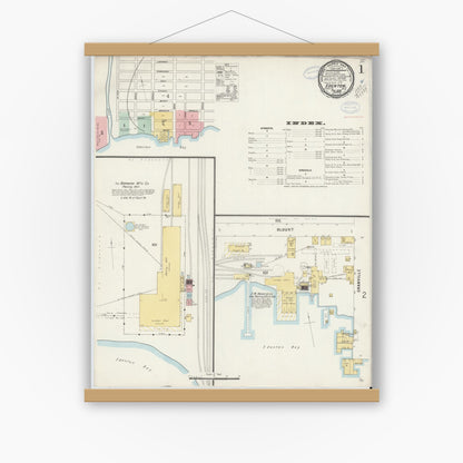 Old map wall art mockup — magnetic wood frame on white wall — Sanborn Fire Insurance Map from Edenton, Chowan County, North Carolina (1898), Sheet #0001