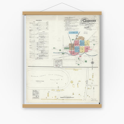 Old map wall art mockup — magnetic wood frame on white wall — Sanborn Fire Insurance Map from Lebanon, Warren County, Ohio (1917), Sheet #0001