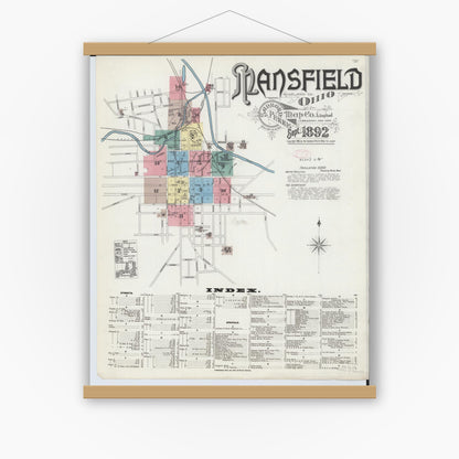 Old map wall art mockup — magnetic wood frame on white wall — Sanborn Fire Insurance Map from Mansfield, Richland County, Ohio (1892) - Complete Map Set