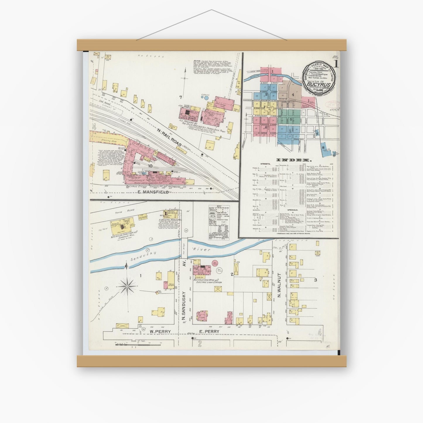 Old map wall art mockup — magnetic wood frame on white wall — Sanborn Fire Insurance Map from Bucyrus, Crawford County, Ohio (1892), Sheet #0001
