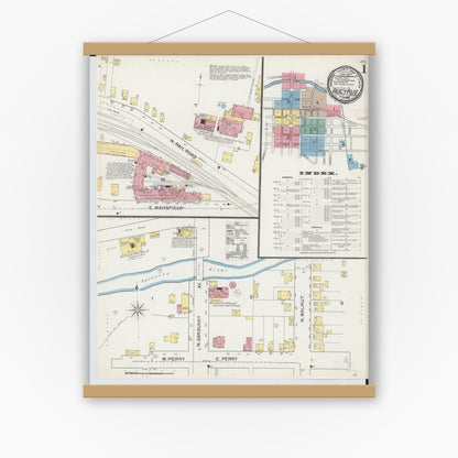 Old map wall art mockup — magnetic wood frame on white wall — Sanborn Fire Insurance Map from Bucyrus, Crawford County, Ohio (1892), Sheet #0001