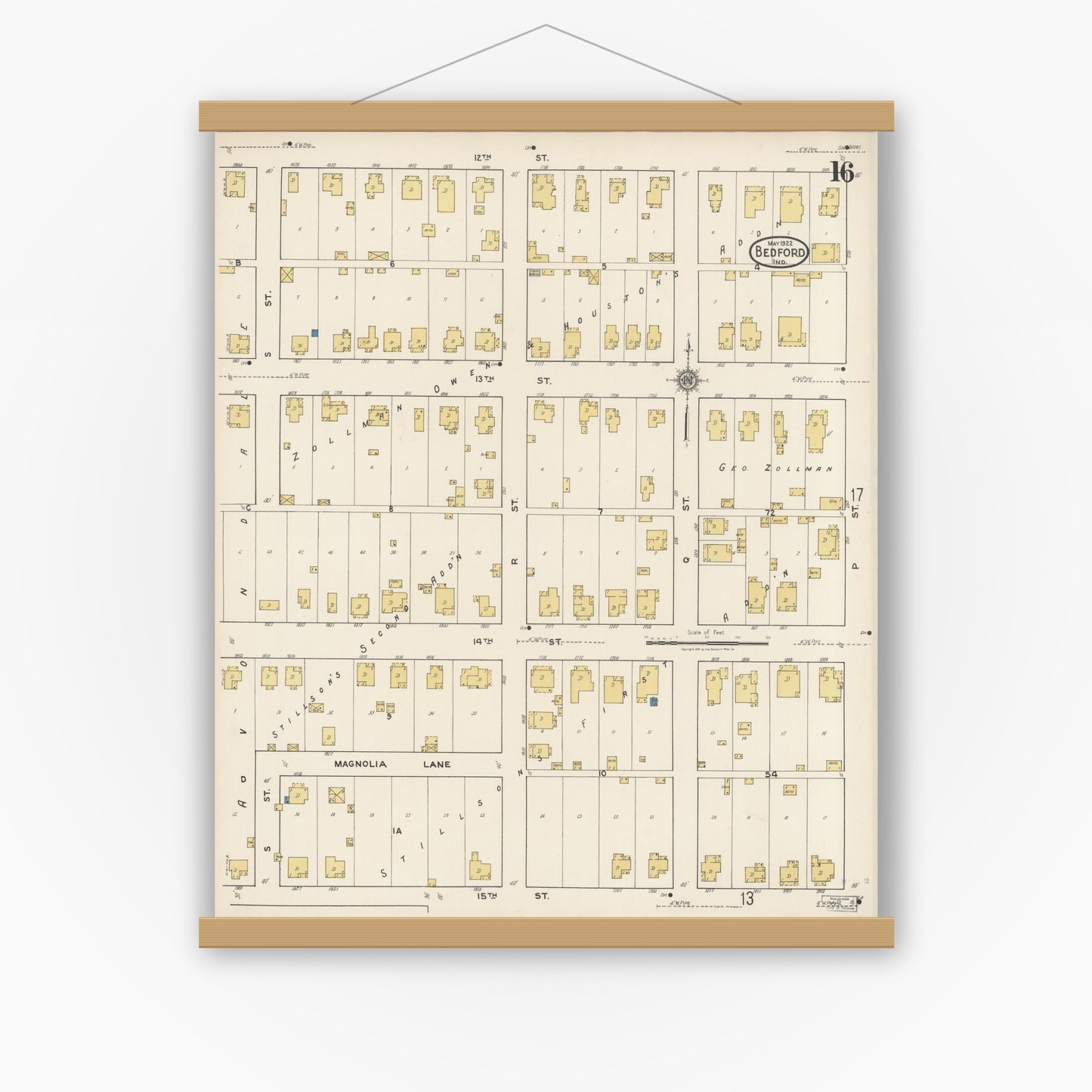 Old map wall art mockup — magnetic wood frame on white wall — Sanborn Fire Insurance Map from Bedford, Lawrence County, Indiana (1922), Sheet #0016