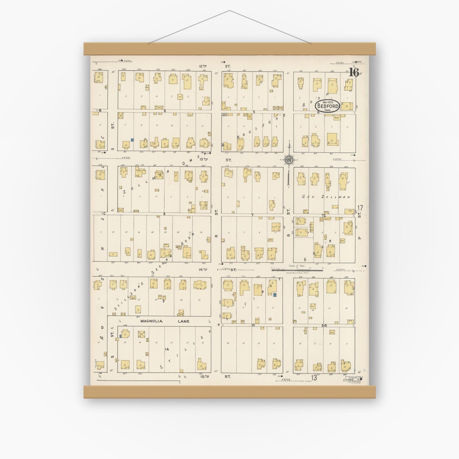 Old map wall art mockup — magnetic wood frame on white wall — Sanborn Fire Insurance Map from Bedford, Lawrence County, Indiana (1922), Sheet #0016