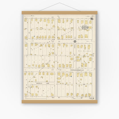 Old map wall art mockup — magnetic wood frame on white wall — Sanborn Fire Insurance Map from Bedford, Lawrence County, Indiana (1922), Sheet #0016