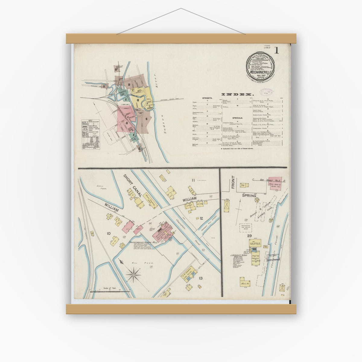 Old map wall art mockup — magnetic wood frame on white wall — Sanborn Fire Insurance Map from Mechanicville, Saratoga County, New York (1887) - Complete Map Set