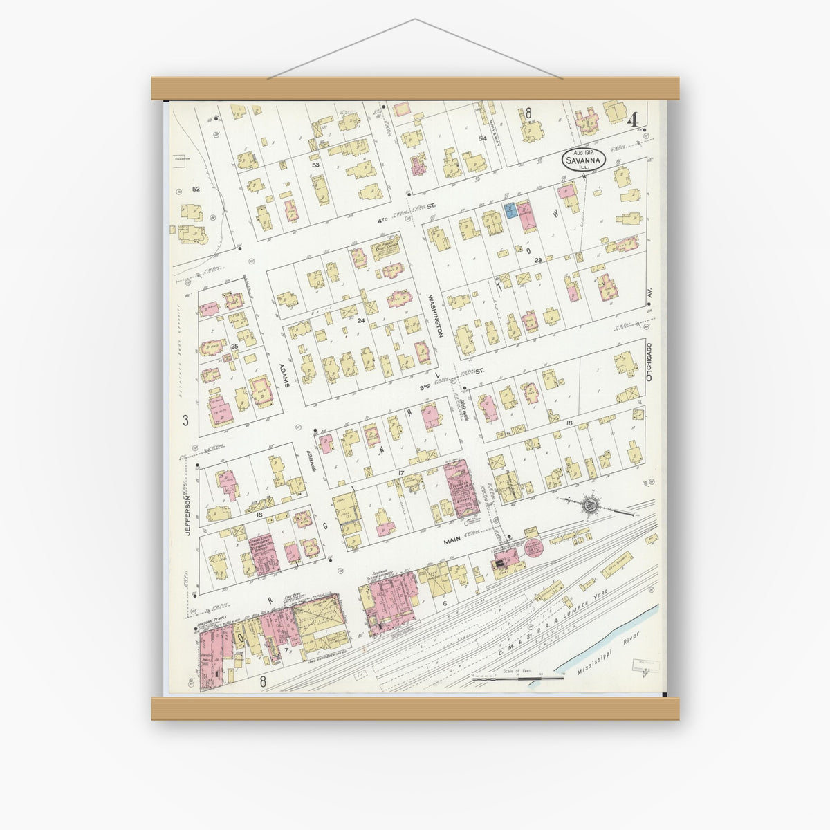 Old map wall art mockup — magnetic wood frame on white wall — Sanborn Fire Insurance Map from Savanna, Carroll County, Illinois (1912), Sheet #0004