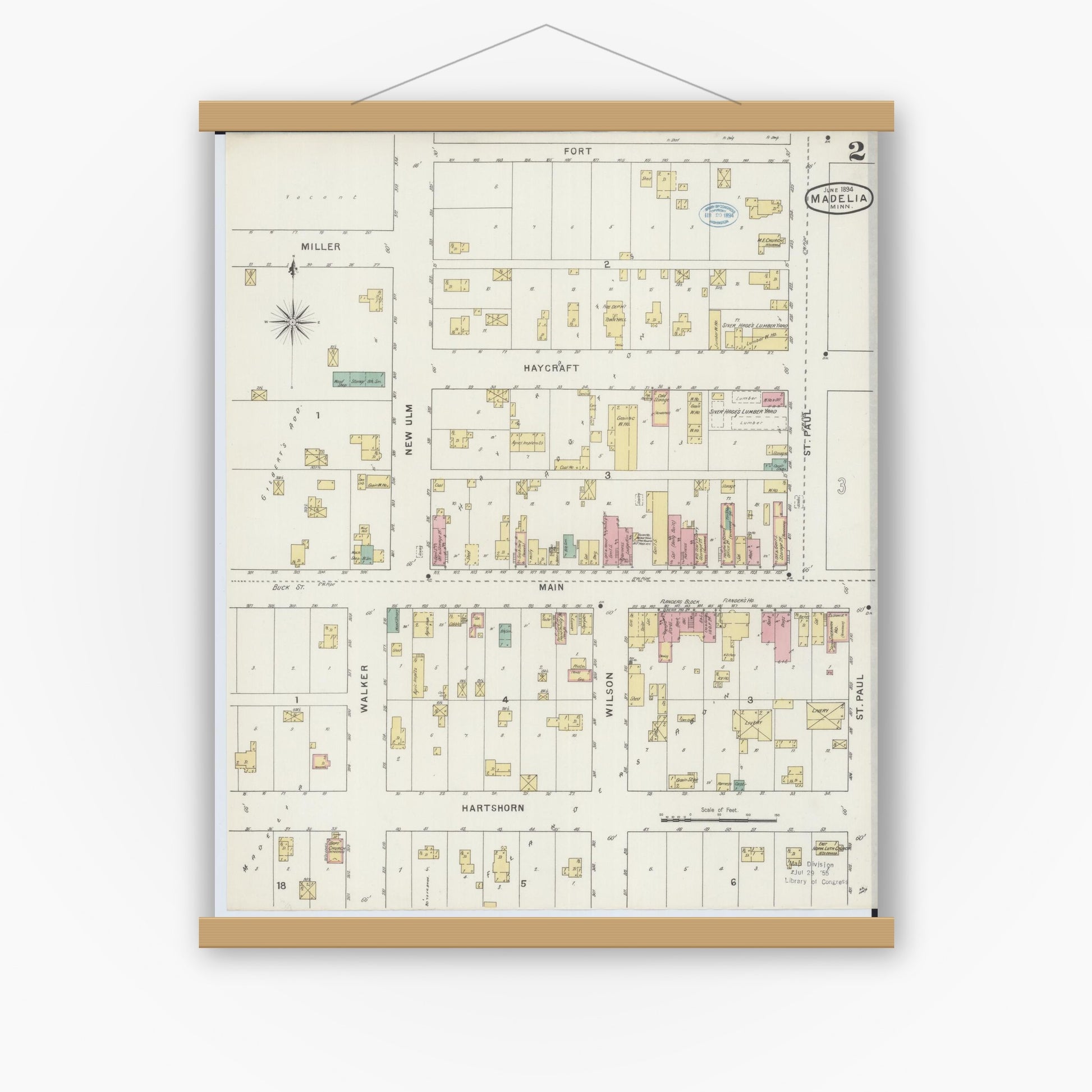 Old map wall art mockup — magnetic wood frame on white wall — Sanborn Fire Insurance Map from Madelia, Watonwan County, Minnesota (1894), Sheet #0002