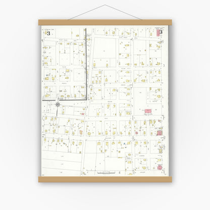 Old map wall art mockup — magnetic wood frame on white wall — Sanborn Fire Insurance Map from Sanger, Denton County, Texas (1935), Sheet #0003