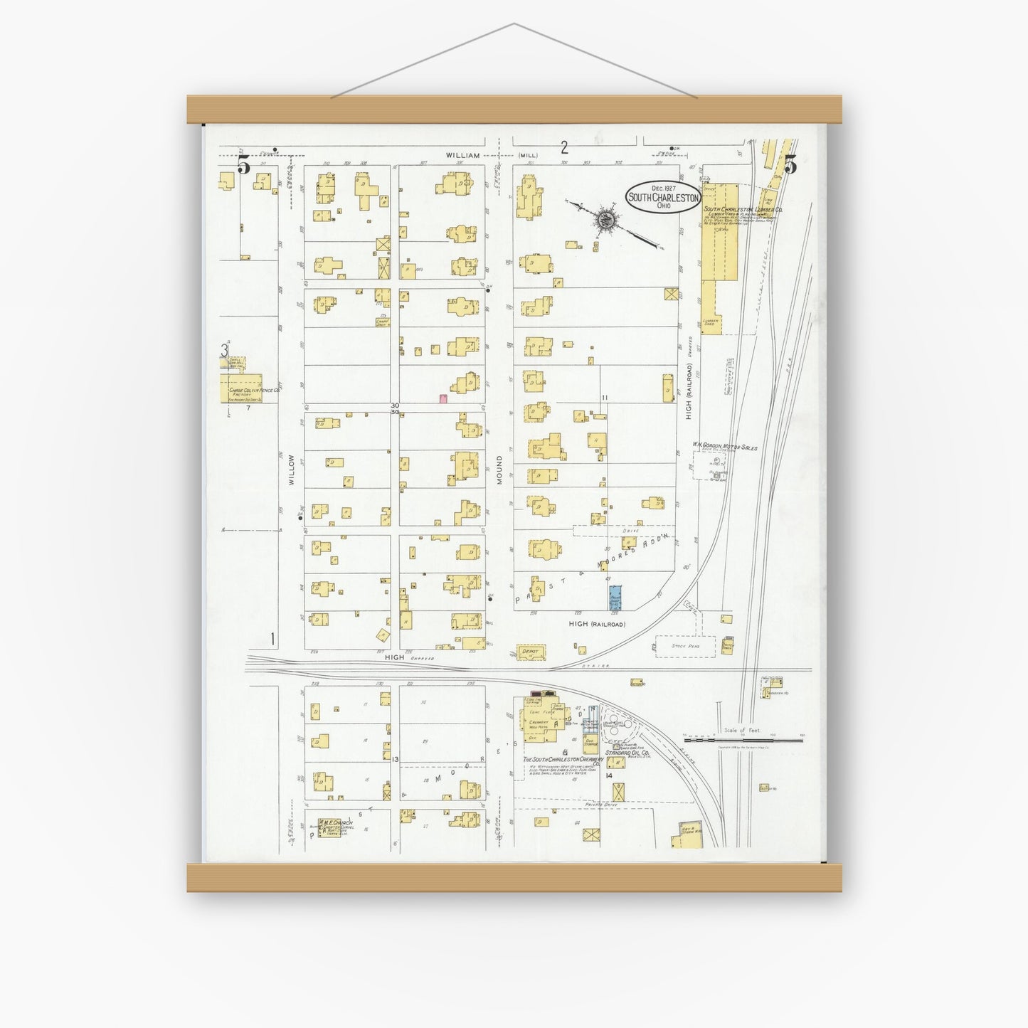 Old map wall art mockup — magnetic wood frame on white wall — Sanborn Fire Insurance Map from South Charleston, Clark County, Ohio (1927), Sheet #0005