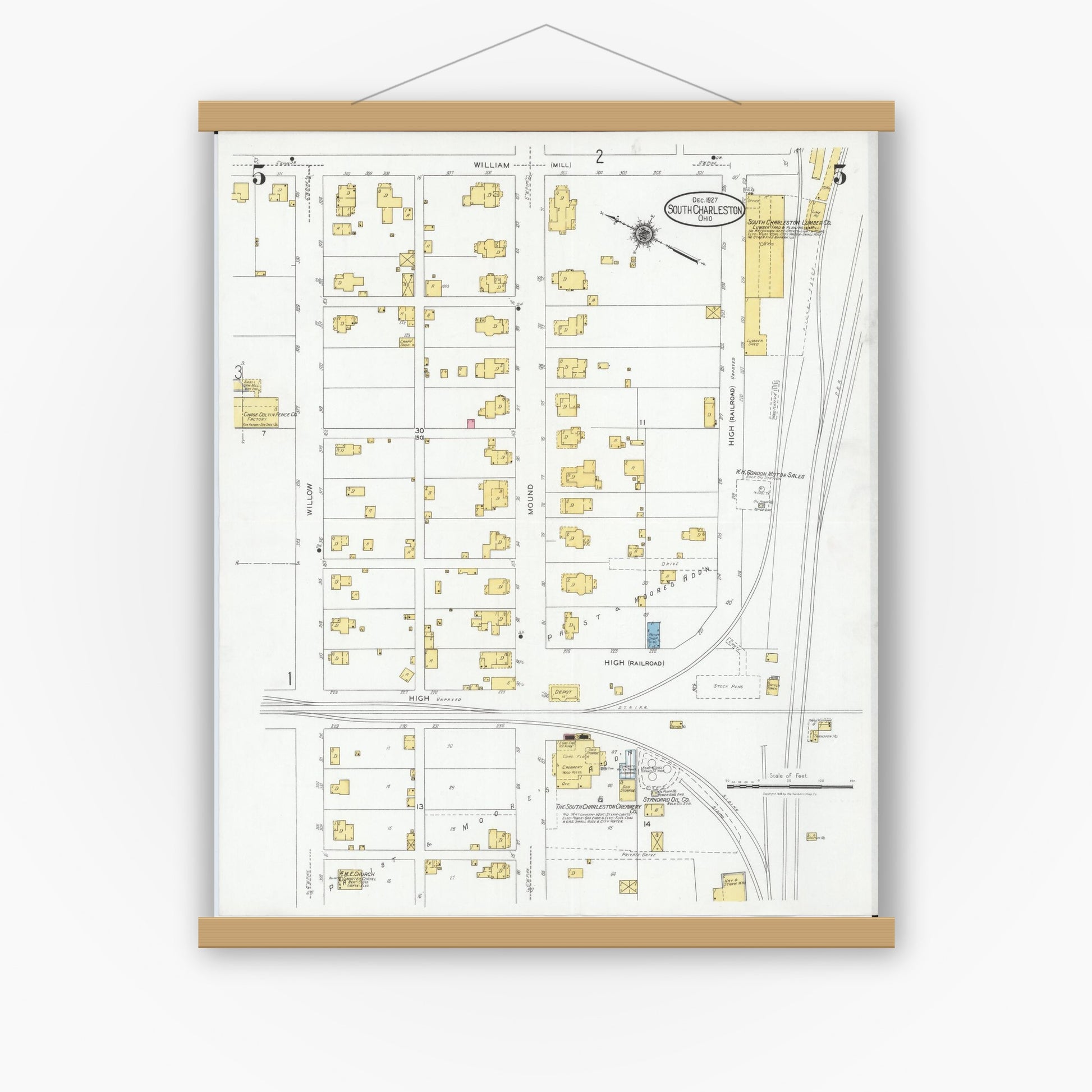 Old map wall art mockup — magnetic wood frame on white wall — Sanborn Fire Insurance Map from South Charleston, Clark County, Ohio (1927), Sheet #0005