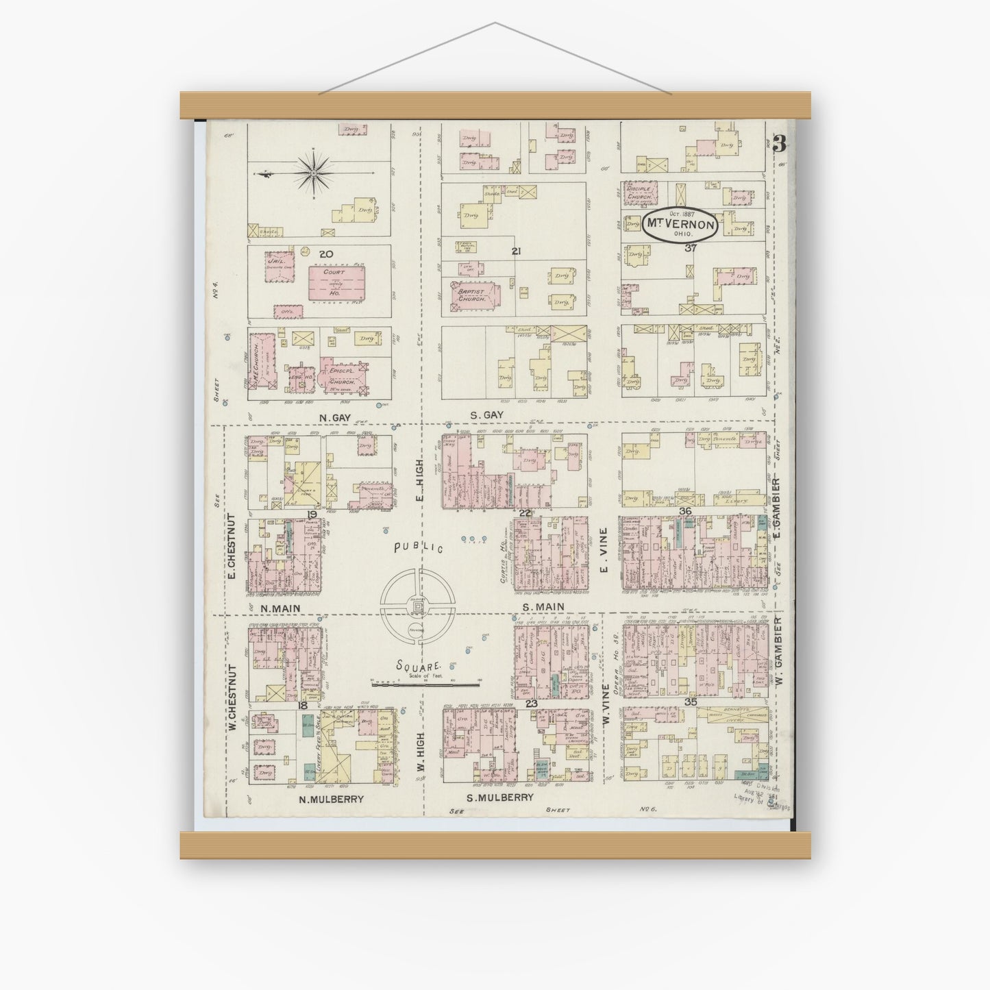 Old map wall art mockup — magnetic wood frame on white wall — Sanborn Fire Insurance Map from Mount Vernon, Knox County, Ohio (1887), Sheet #0003