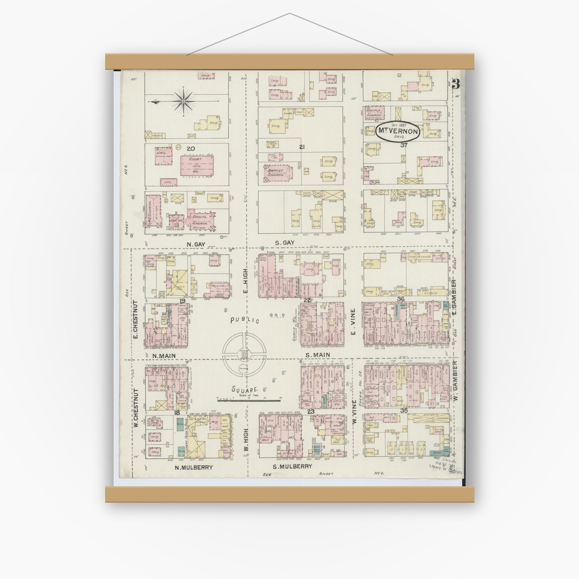 Old map wall art mockup — magnetic wood frame on white wall — Sanborn Fire Insurance Map from Mount Vernon, Knox County, Ohio (1887), Sheet #0003