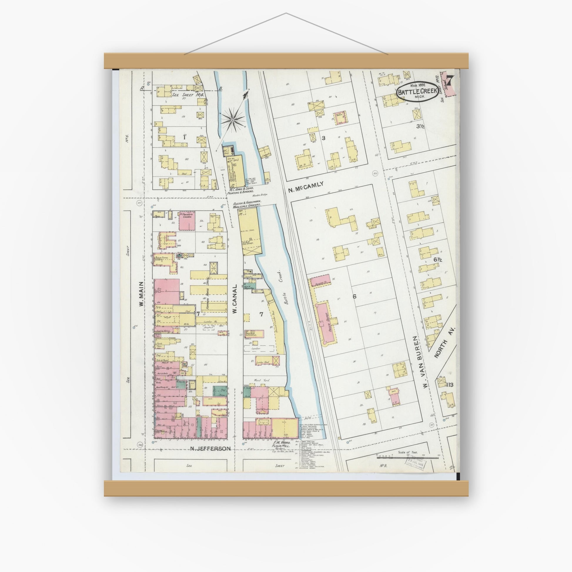 Old map wall art mockup — magnetic wood frame on white wall — Sanborn Fire Insurance Map from Battle Creek, Calhoun County, Michigan (1892), Sheet #0007