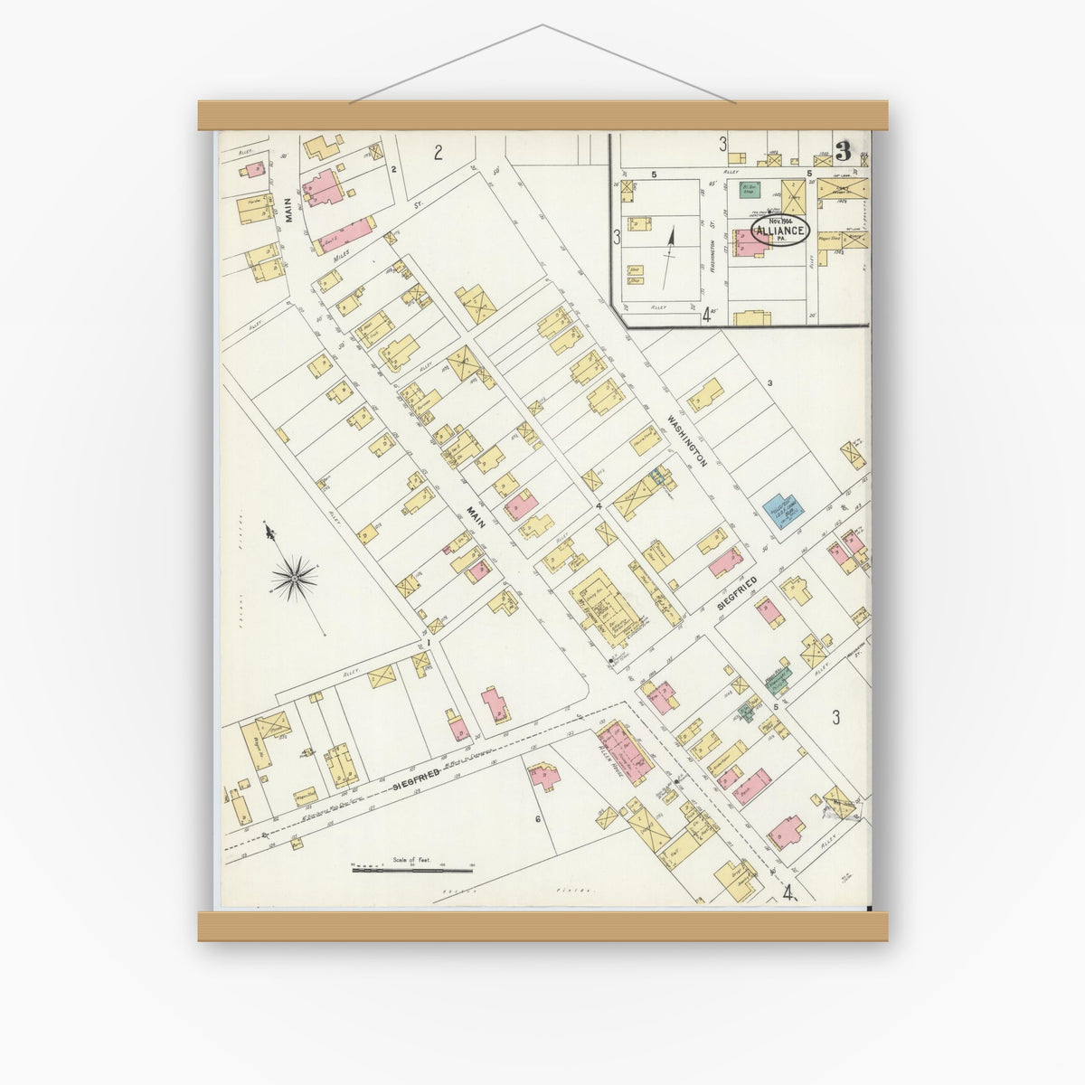 Old map wall art mockup — magnetic wood frame on white wall — Sanborn Fire Insurance Map from Alliance, Northampton County, Pennsylvania (1904), Sheet #0003
